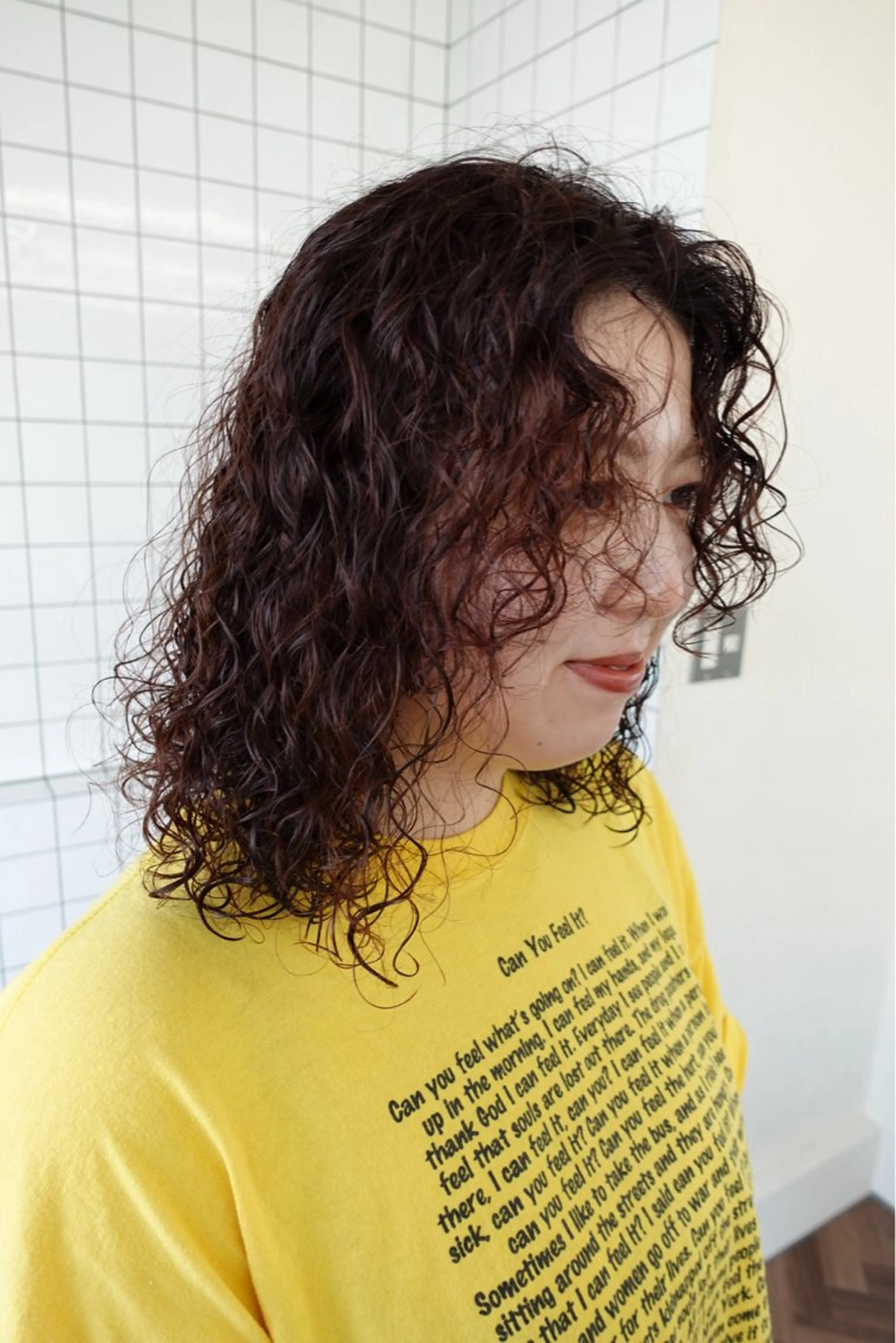 セミロング カラー パーマ セミロングパーマ ボルドーカラー ボブパーマ/パーマ ウルフパーマのヘアスタイル