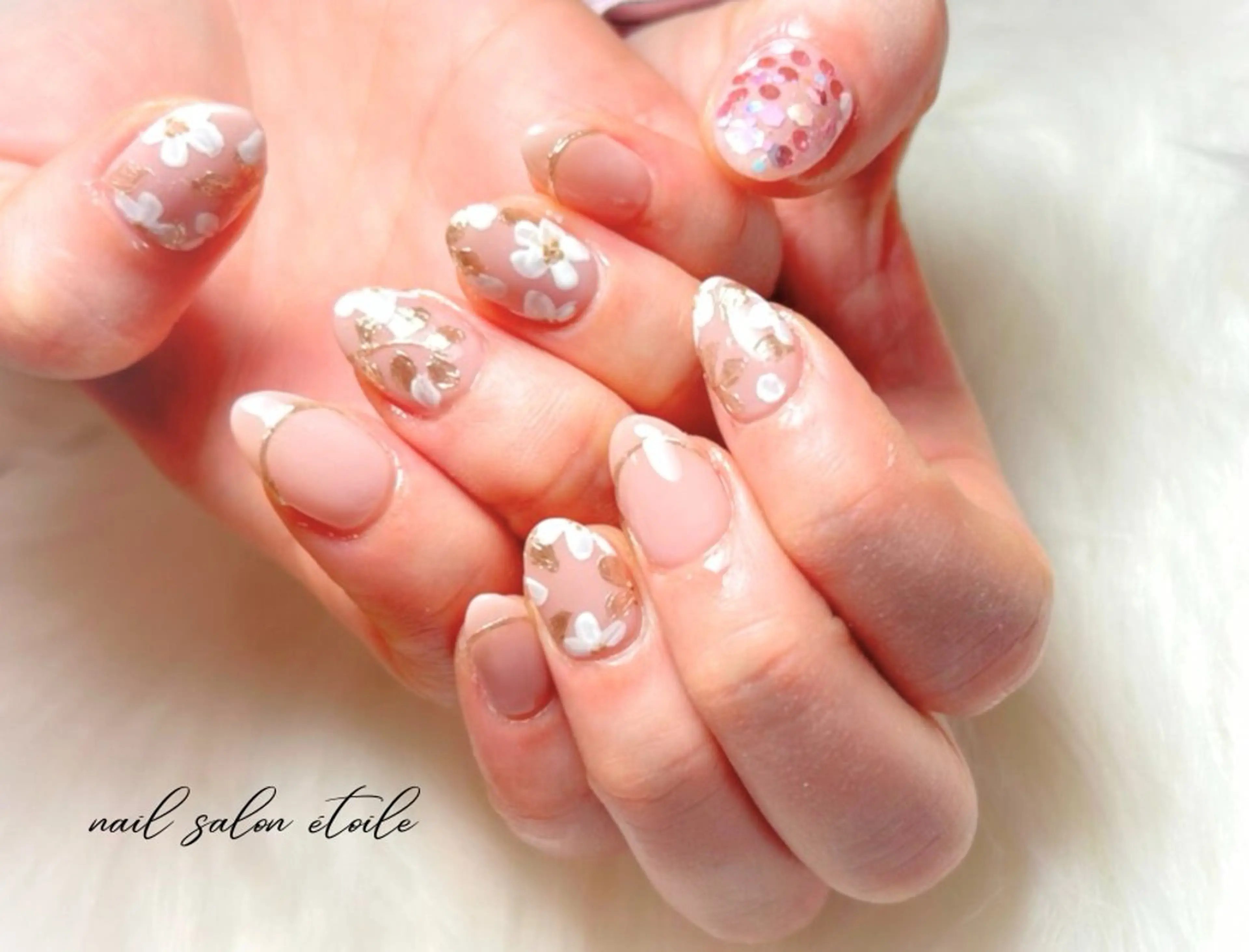 ネイル フラワーネイル フレンチネイル ミラーネイル ピンク ブライダルネイル ハンドネイル nail salon étoileのネイルデザイン