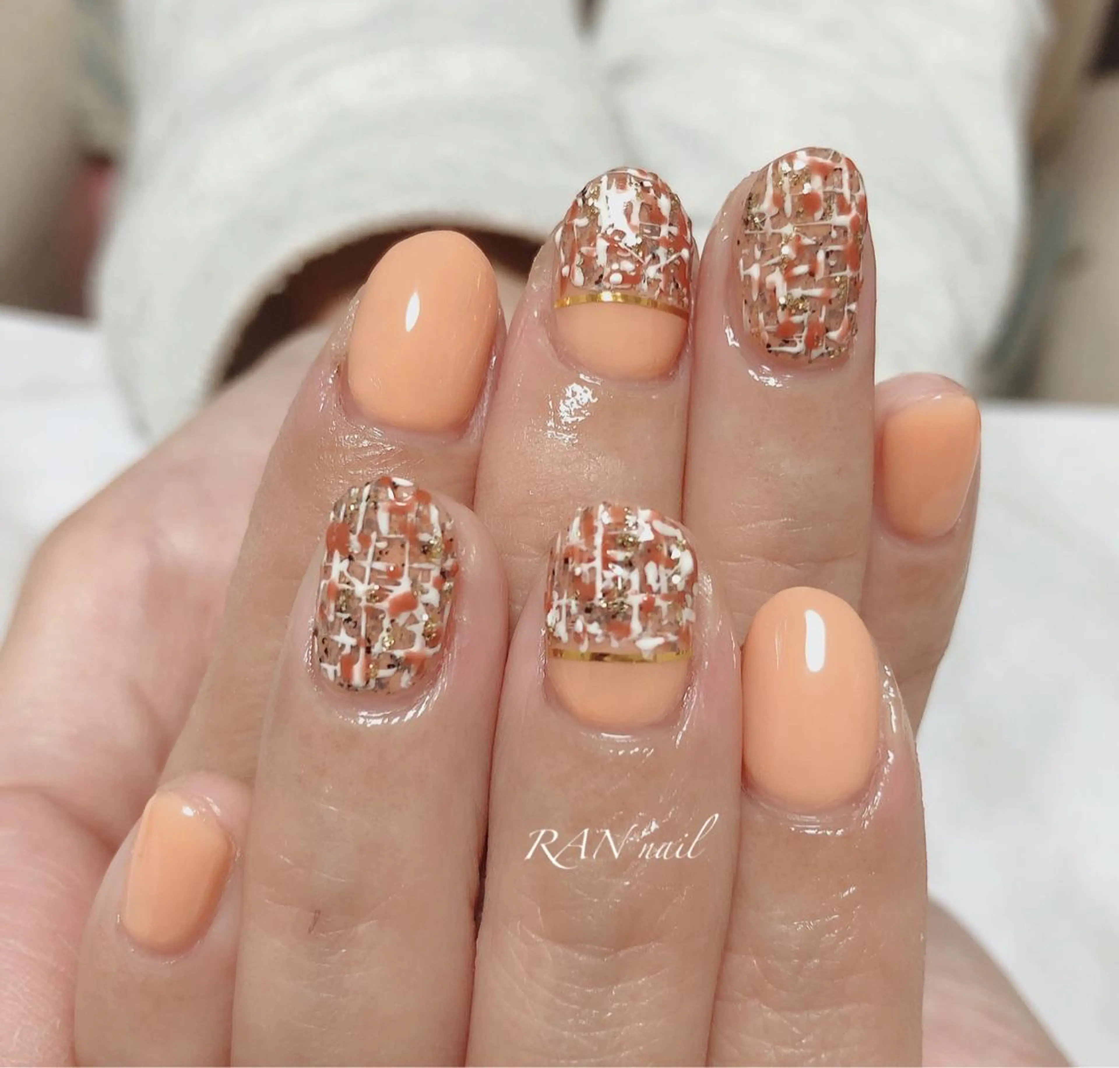 ネイル フットネイル オフィスネイル オレンジ ツイードネイル 冬ネイル ハンドネイル フットネイル RAN nailのネイルデザイン