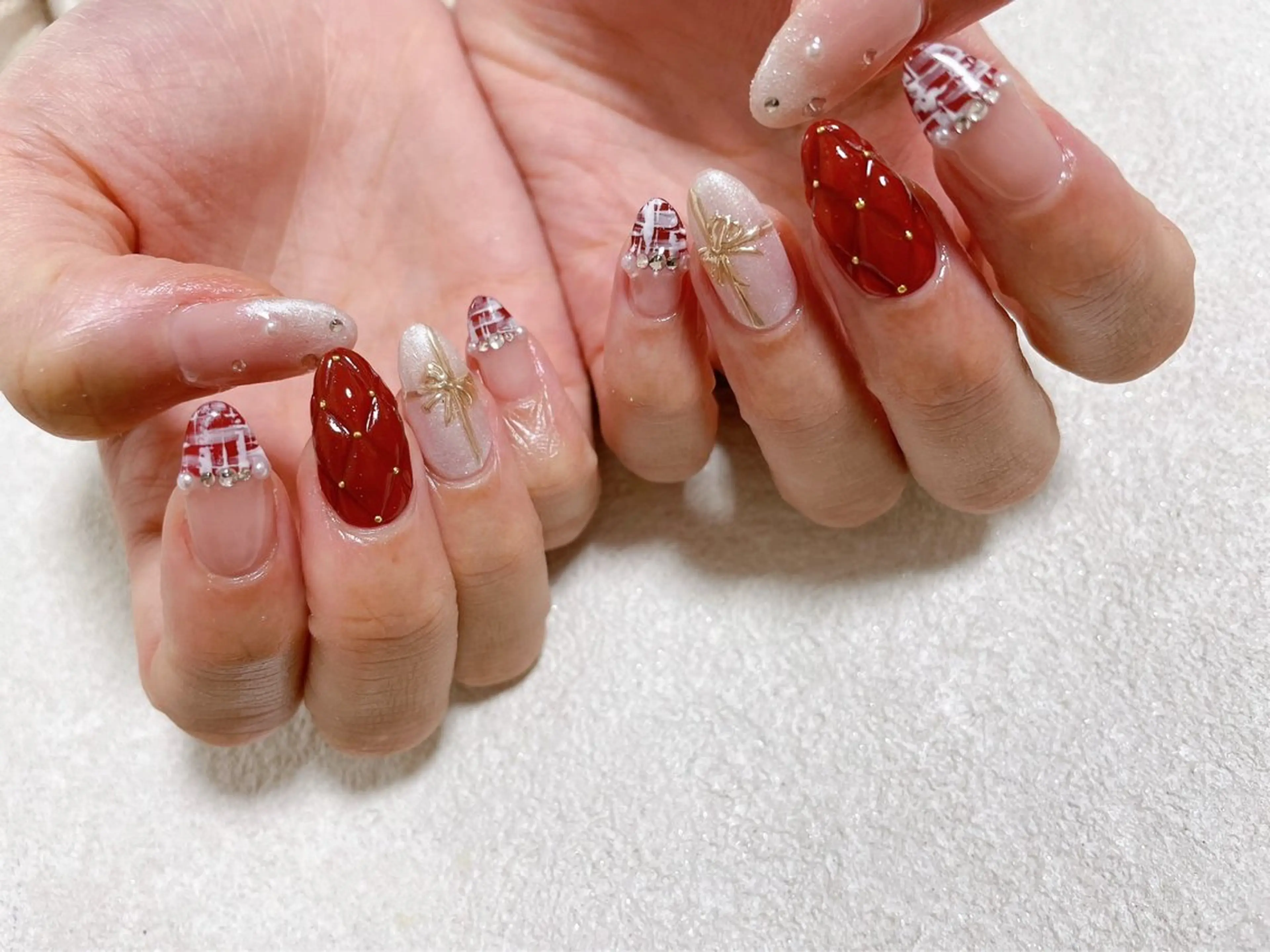 ネイル ジェルネイル 韓国ネイル パラジェル 赤色 ツイードネイル kikinail 溝の口のネイルデザイン