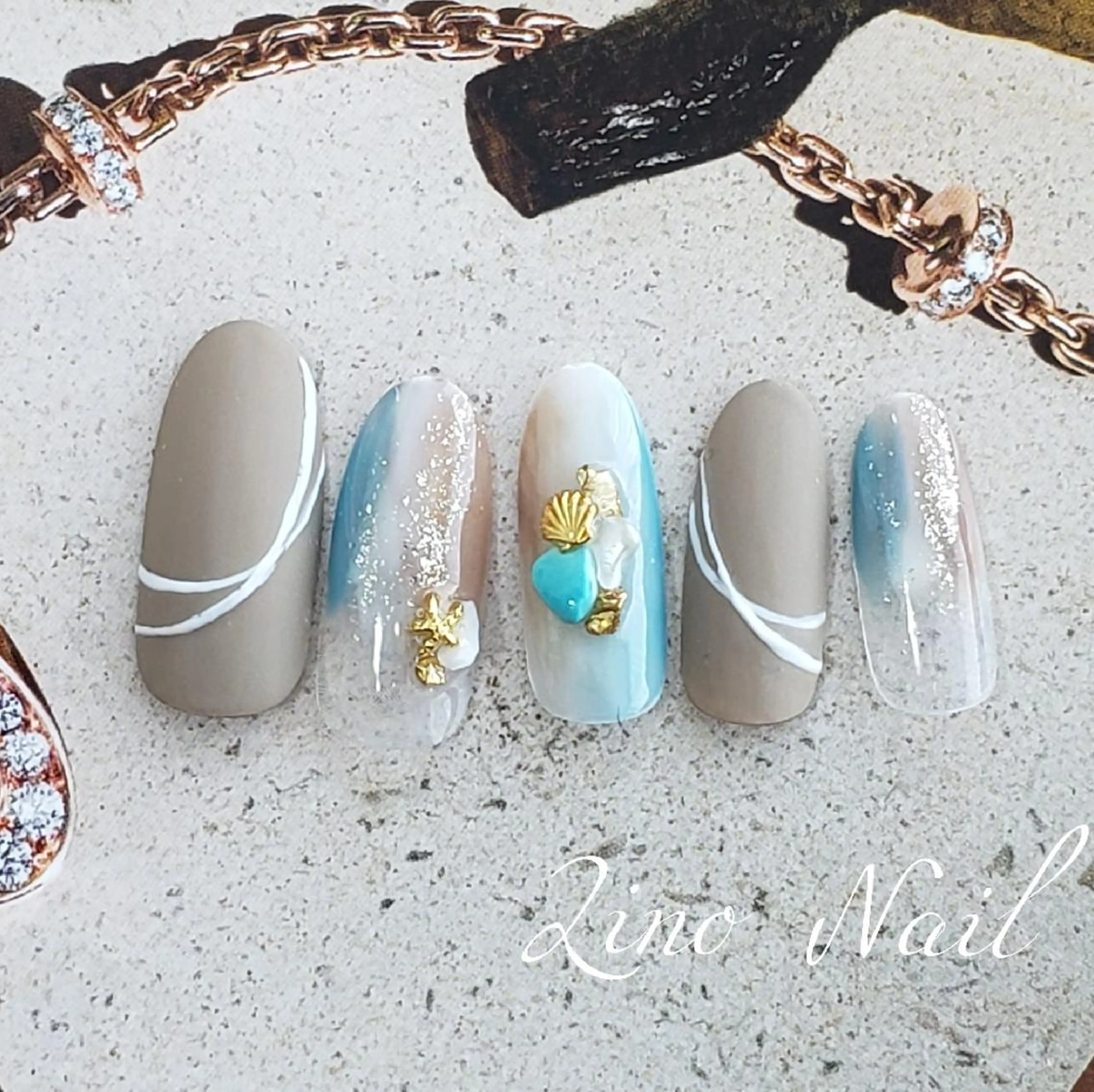 ネイル ブルー ブラウン カジュアル ジェルネイル マットネイル ハンドネイル Lino Nailのネイルデザイン