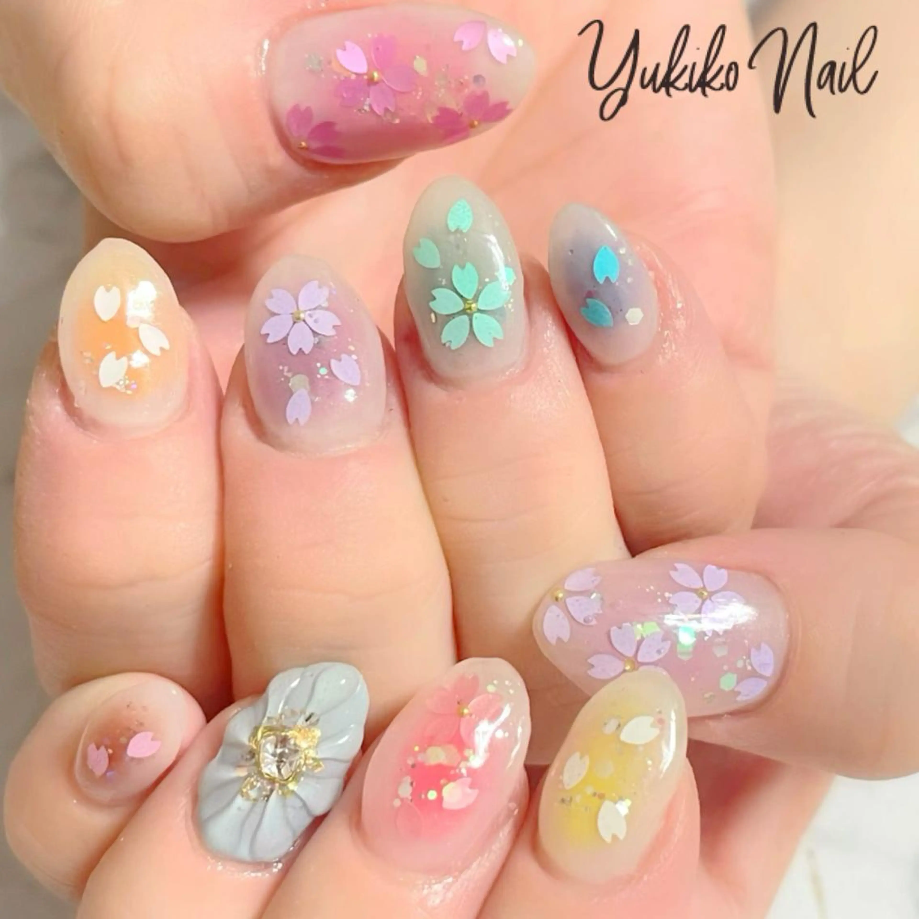 ネイル チークネイル 桜ネイル フラワーネイル パステルネイル ぷっくりネイル ハンドネイル ユキコ ネイルのネイルデザイン