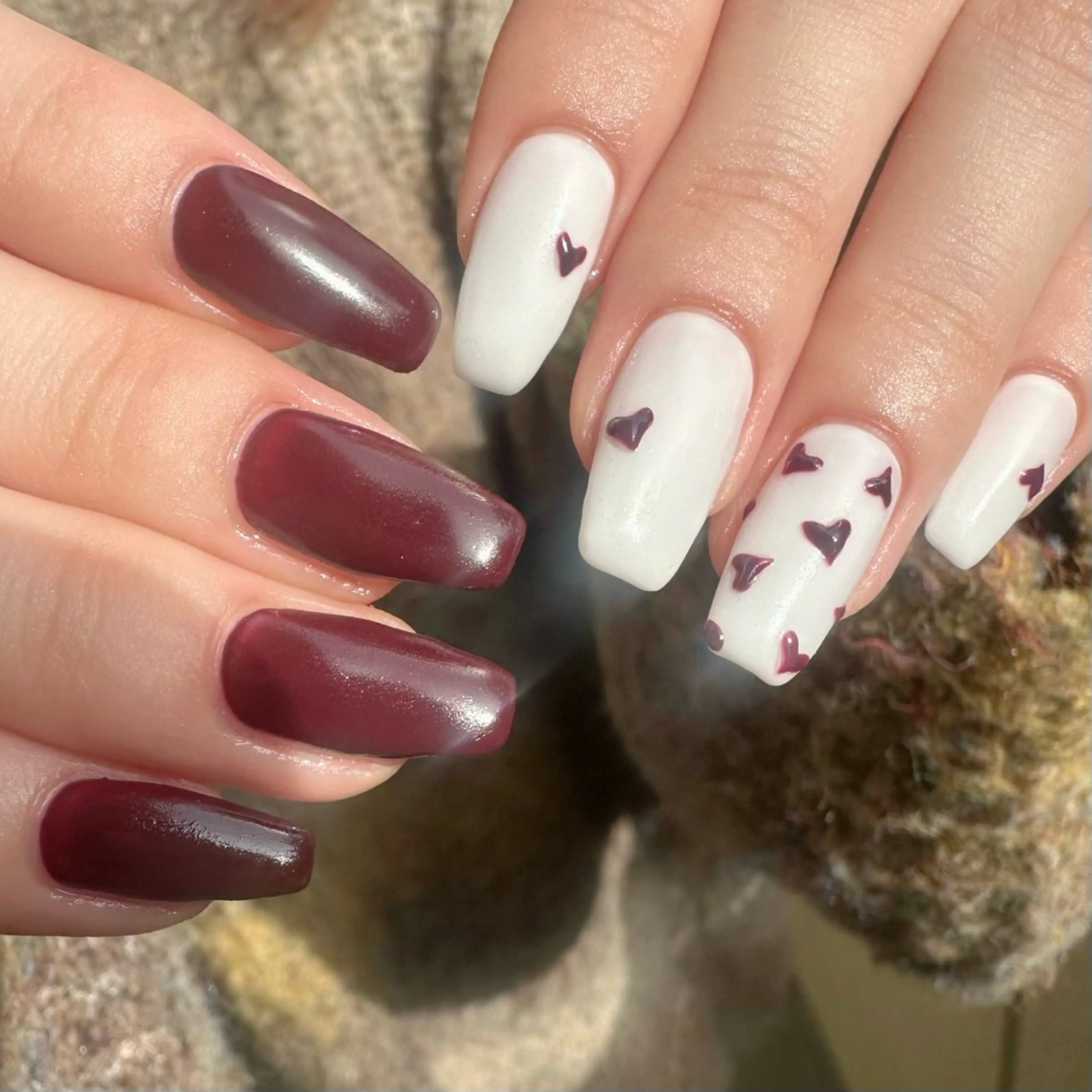 ネイル アートネイル ボルドー ハート 氷ネイル・うるうるネイル 韓国ネイル 🪞KAPE NAIL 🪞のネイルデザイン