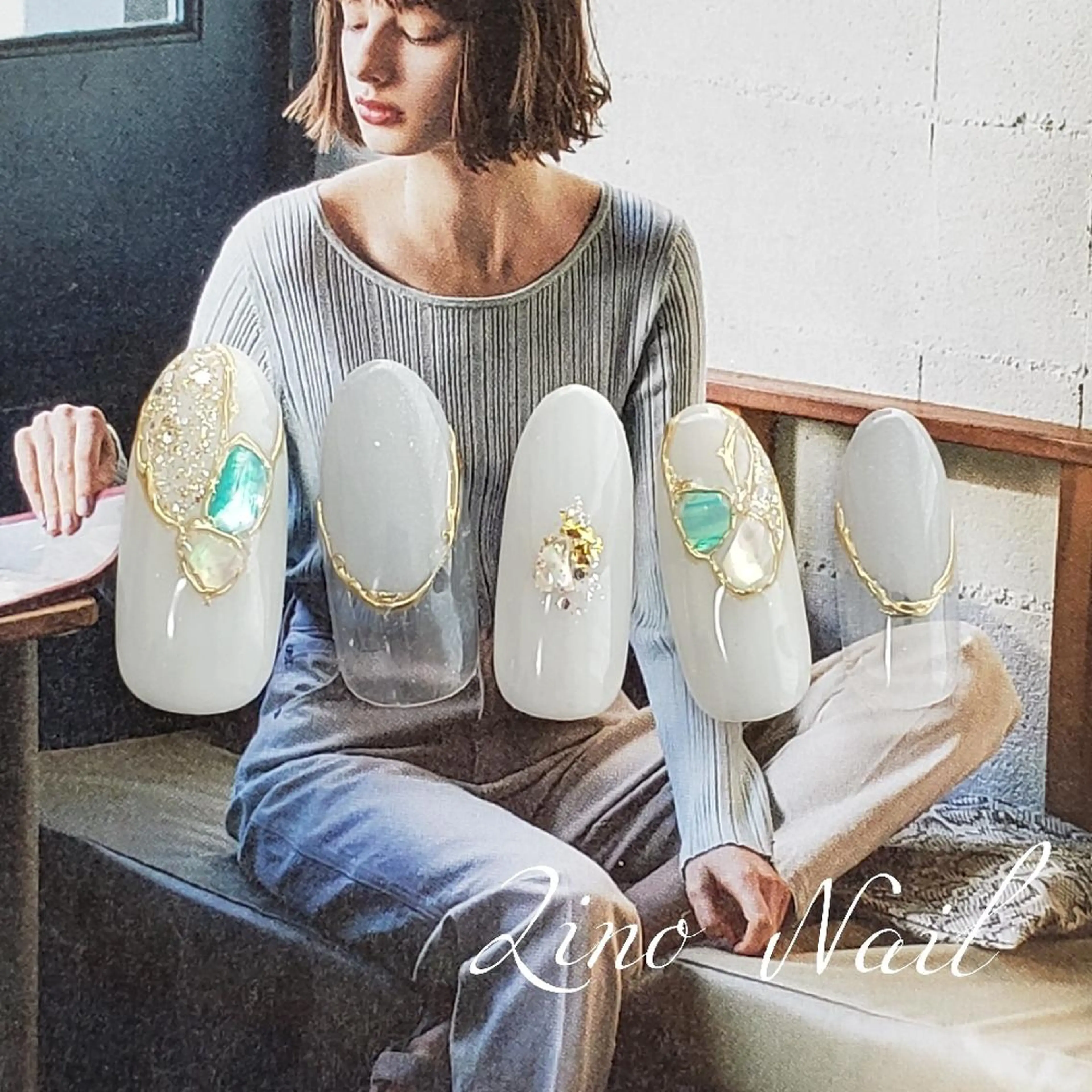 ネイル カジュアル フレンチネイル ジェルネイル ラメ(グリッター) ミラーネイル ハンドネイル Lino Nailのネイルデザイン