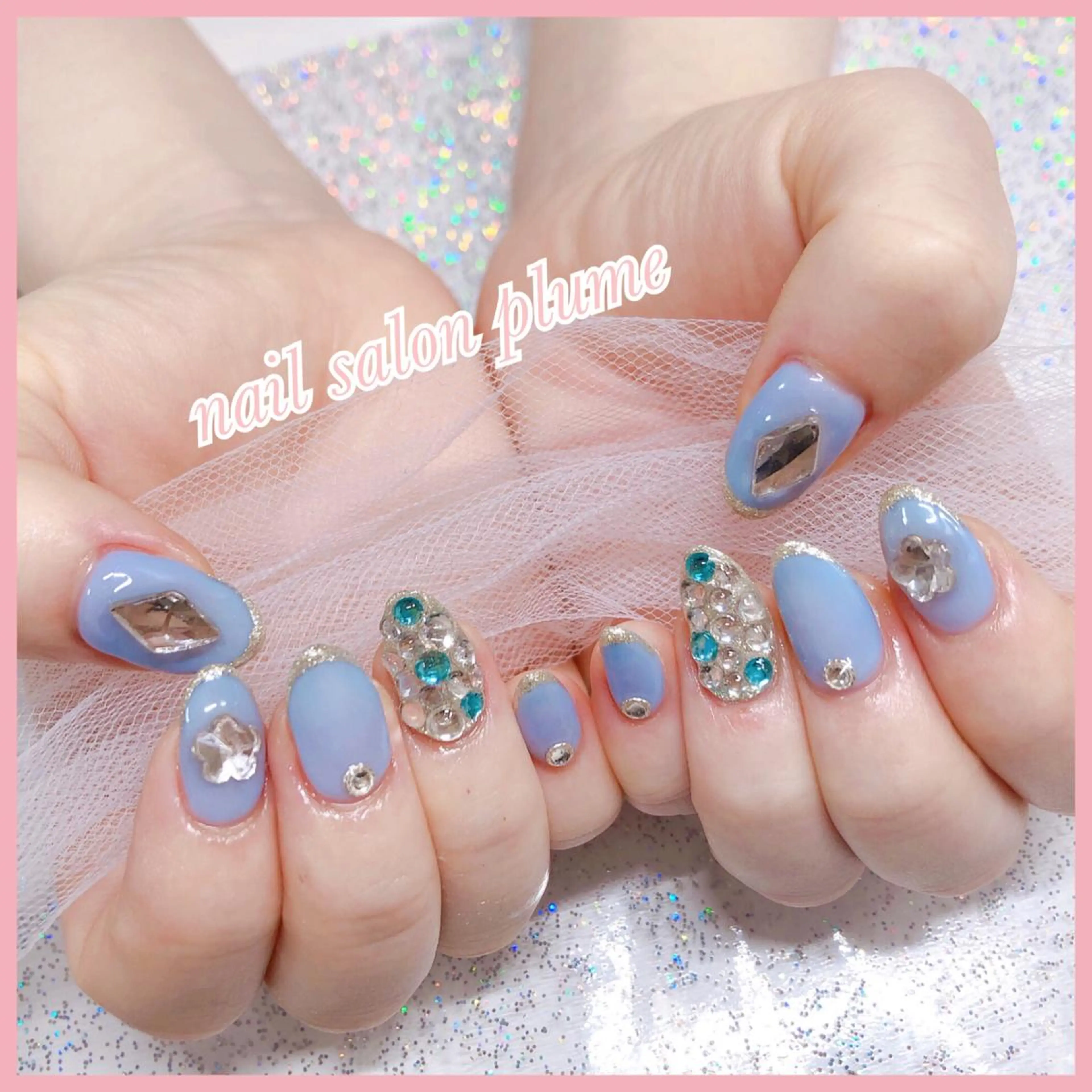 ネイル アートネイル ブルー フレンチネイル ハート キラキラネイル ハンドネイル plume nail ☆韓国ネイルのネイルデザイン