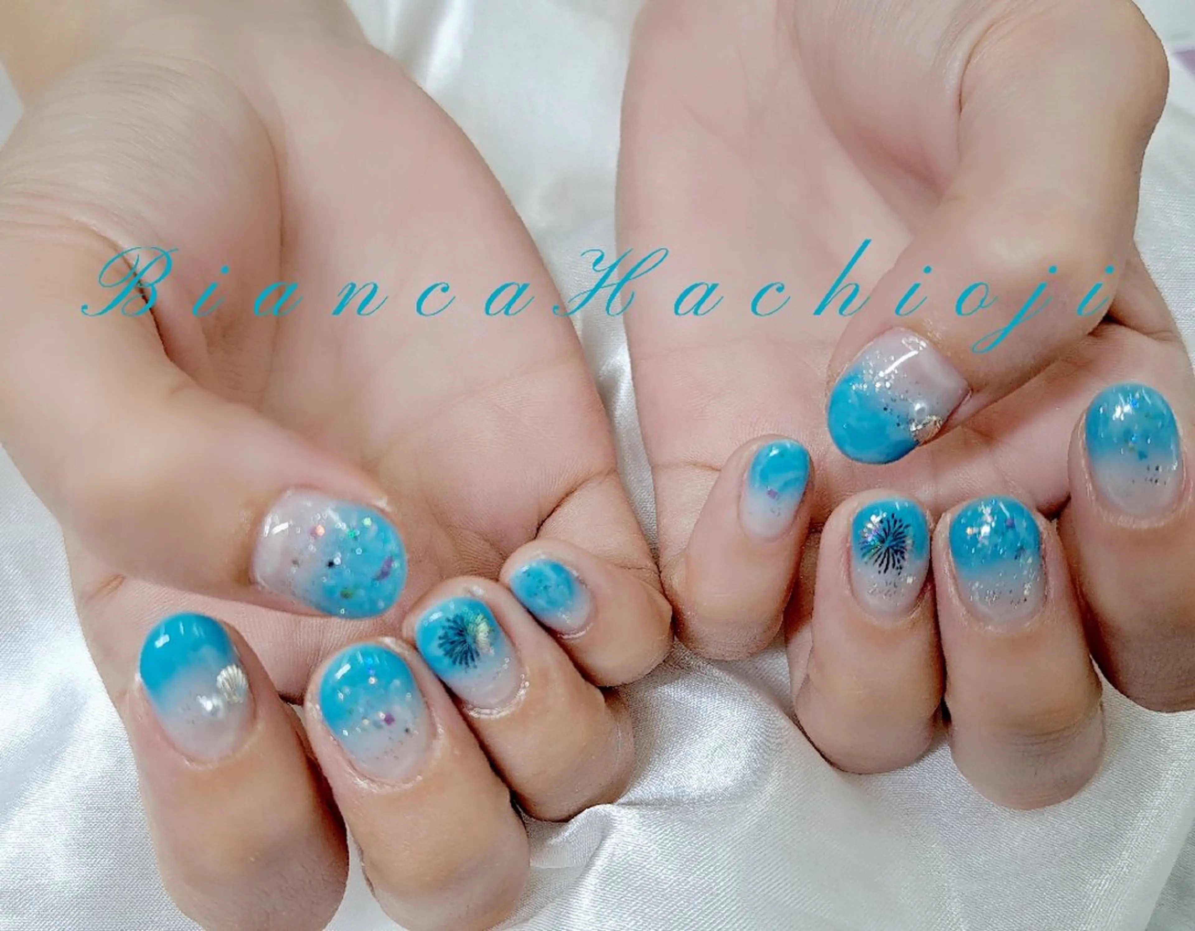ネイル ブルー ハンドネイル Bianca八王子 まえさだのネイルデザイン