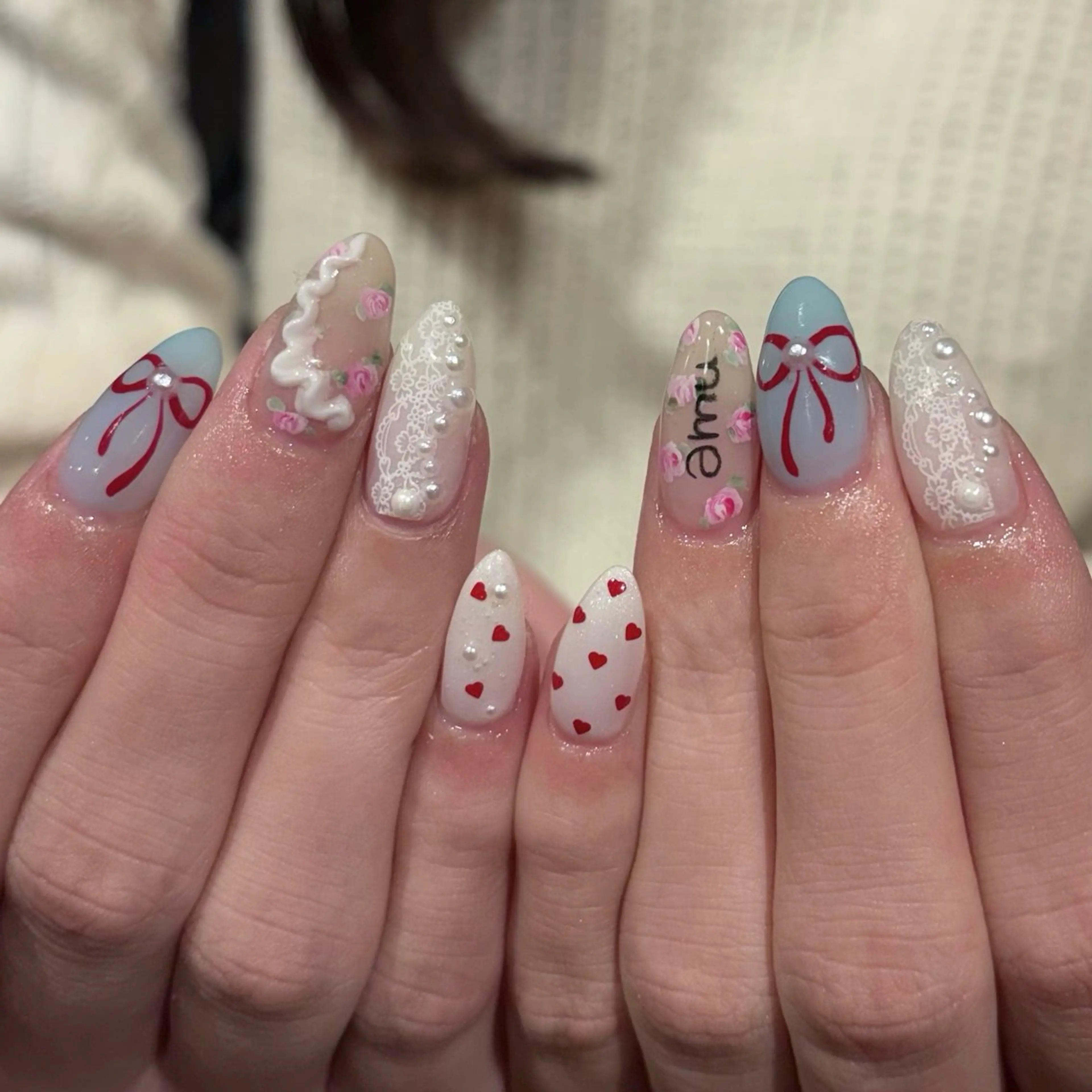 ネイル ドット ガーリー ハート レース 赤色 ハンドネイル Bianca名駅店 安田のネイルデザイン
