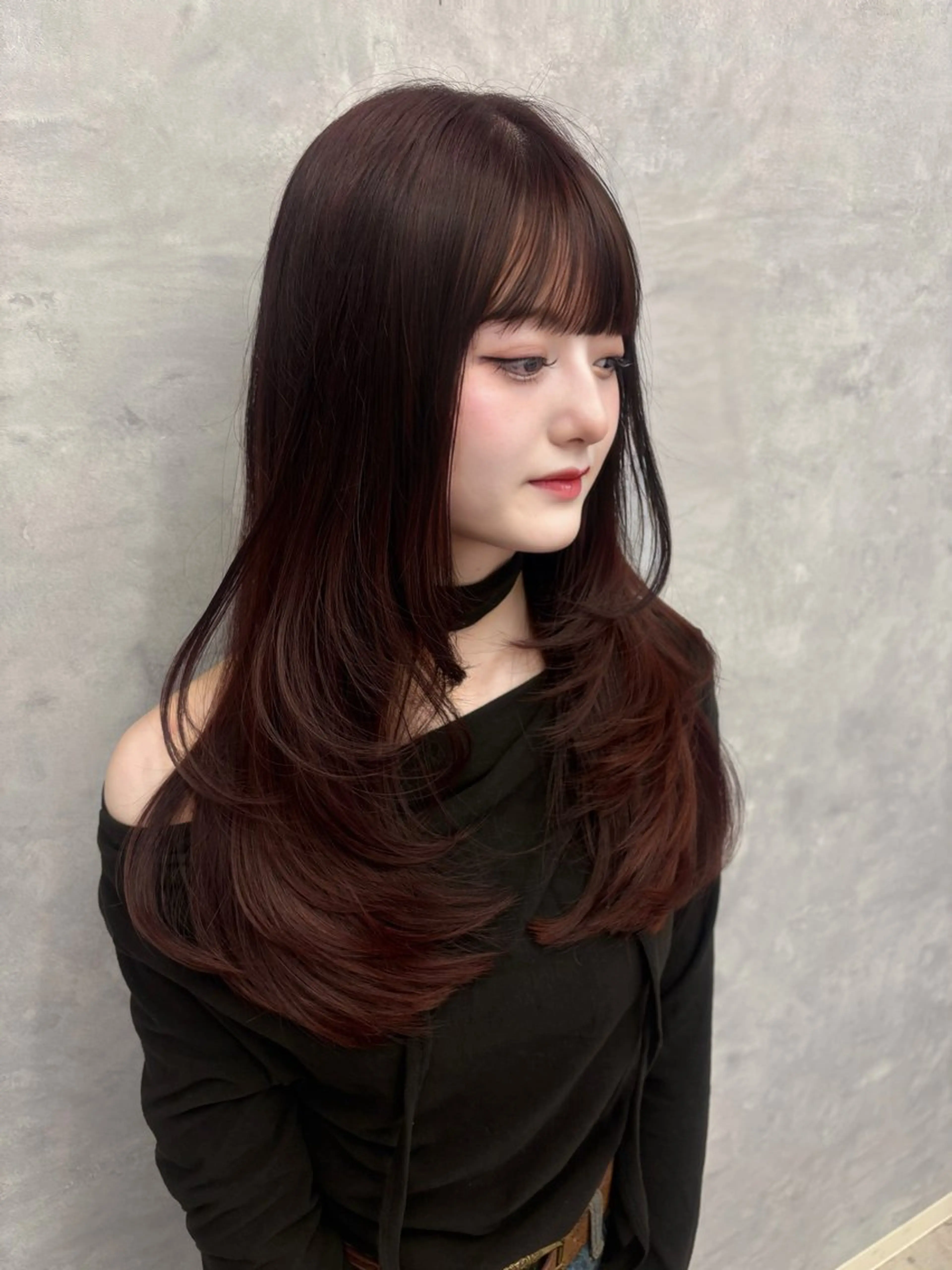 ロング カラー ボルドーカラー みゅう／韓国：網紅： トレンドヘアのヘアスタイル