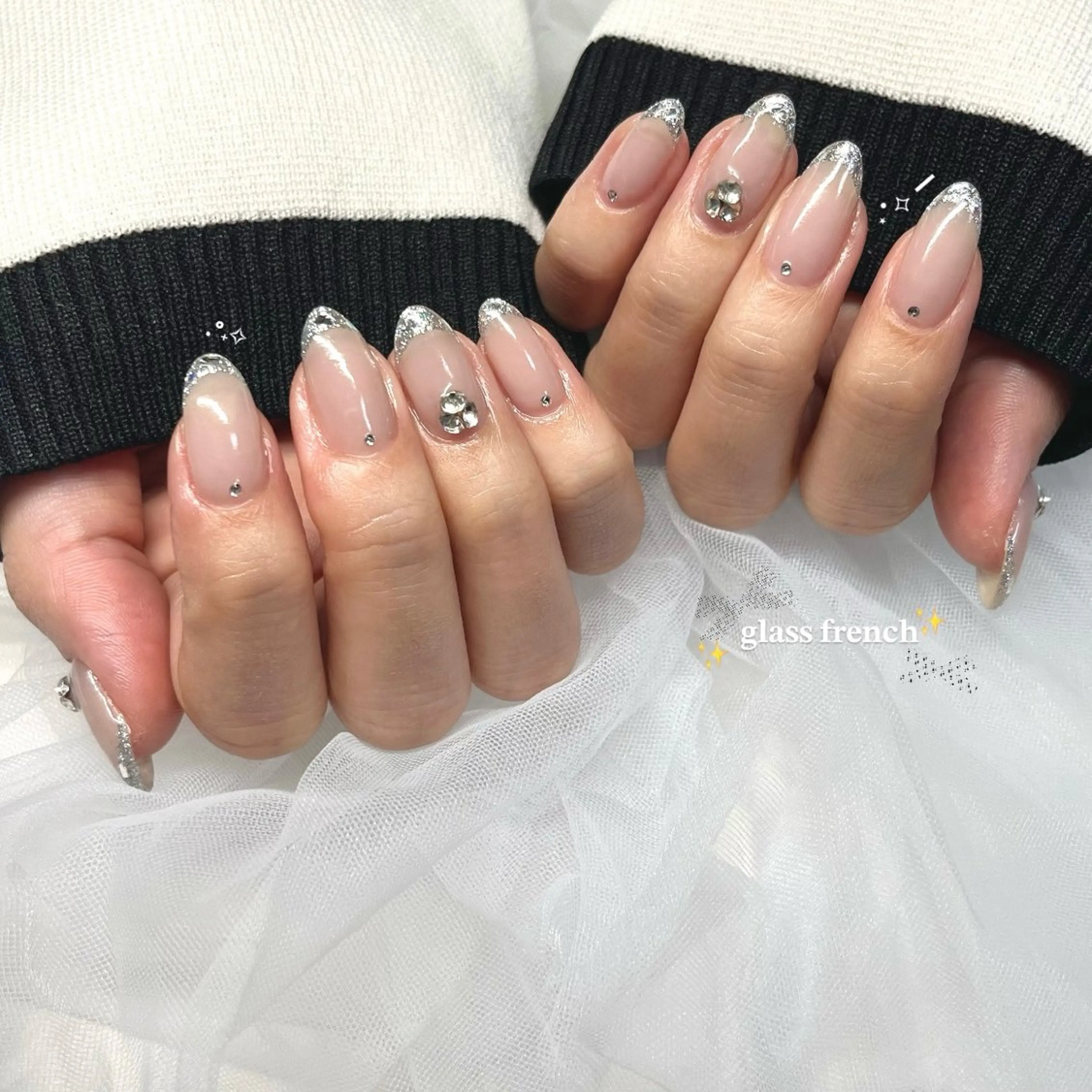 ネイル 長さ出し フラッシュネイル フレンチネイル ジェルネイル ガラスフレンチ 🌷Gemini nami🌷のネイルデザイン