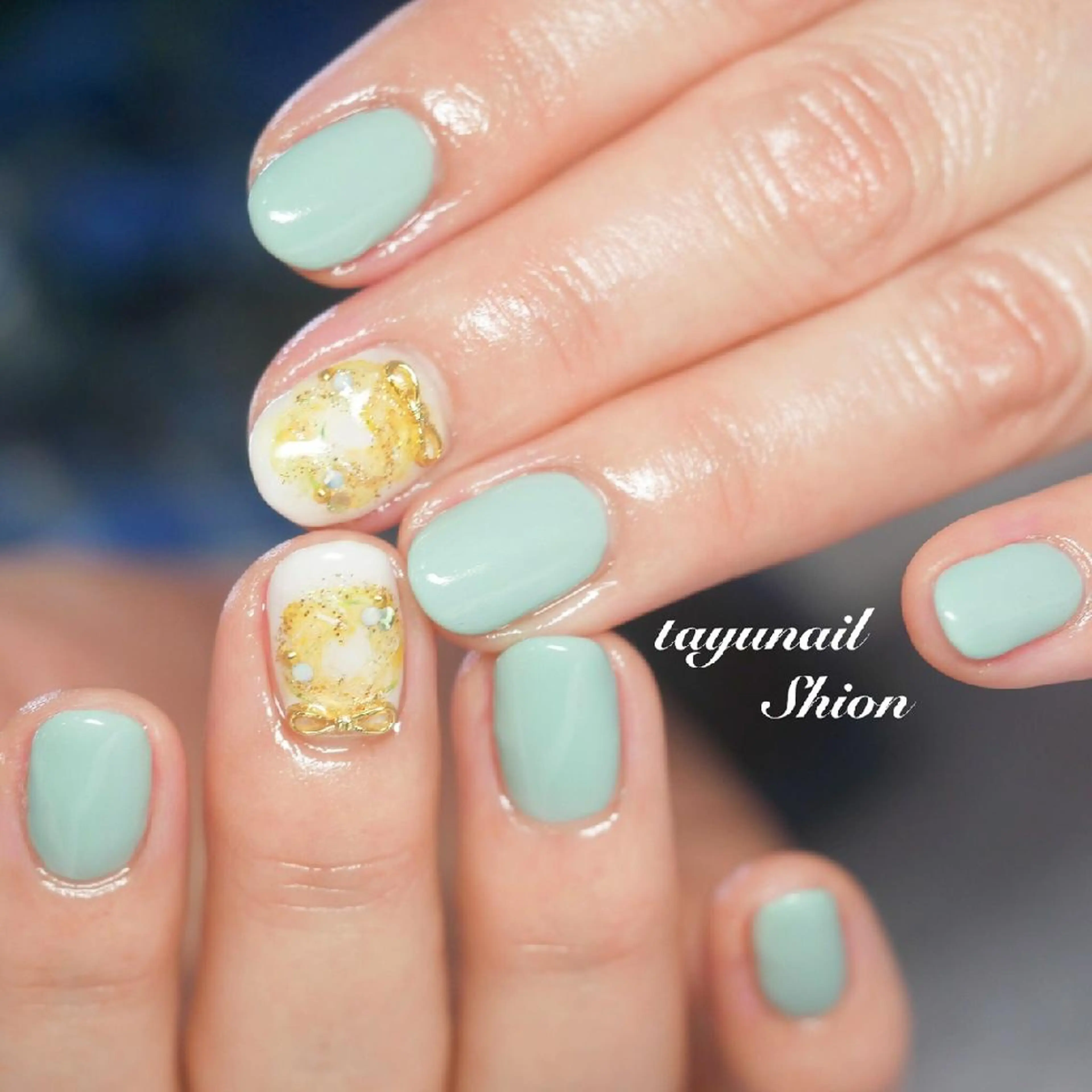 ネイル ブルー ジェルネイル グリーン パラジェル 春ネイル ネイルサロン 【たゆnail】のネイルデザイン