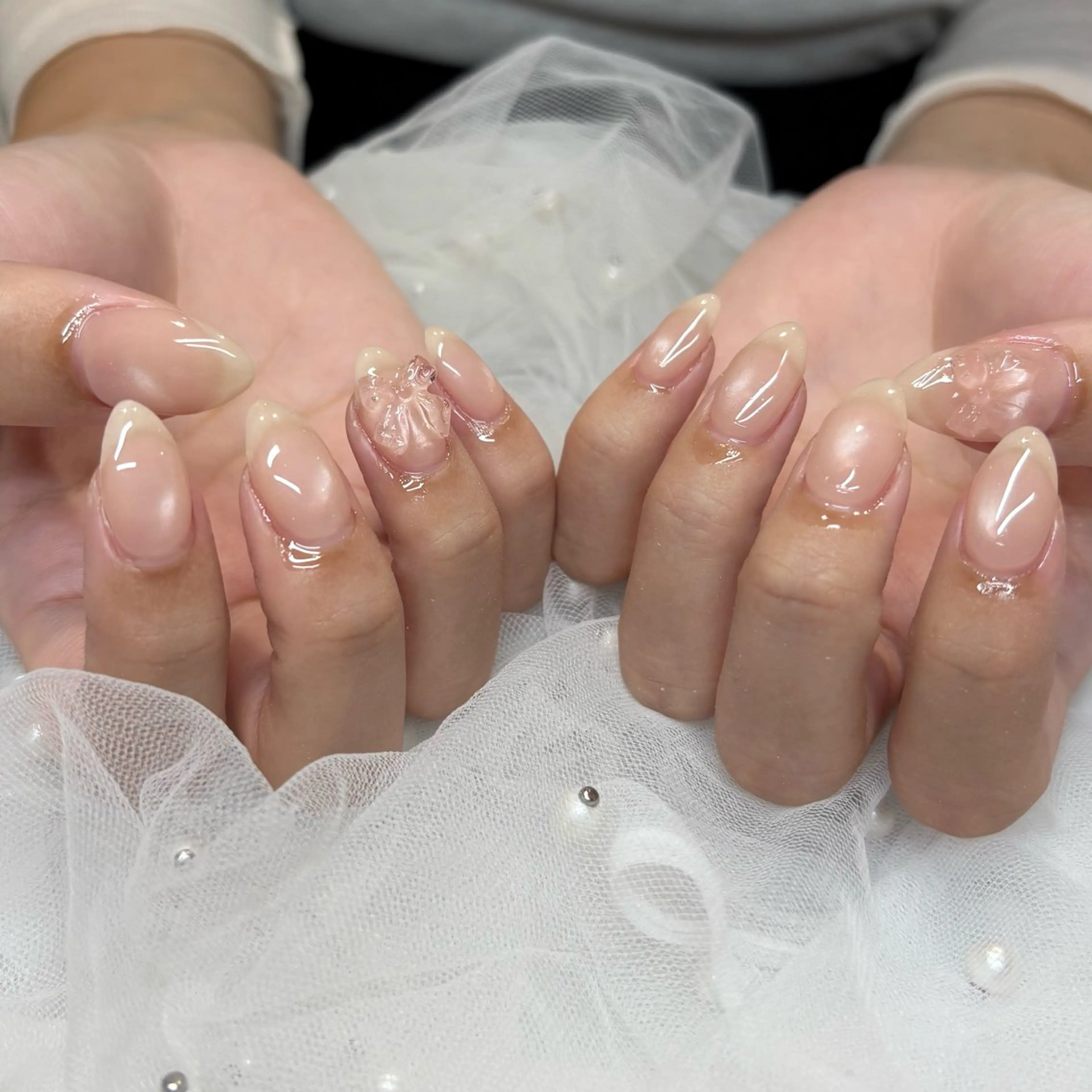 ネイル クリアネイル ピンク リボン ハンドネイル 荒巻 めいのネイルデザイン