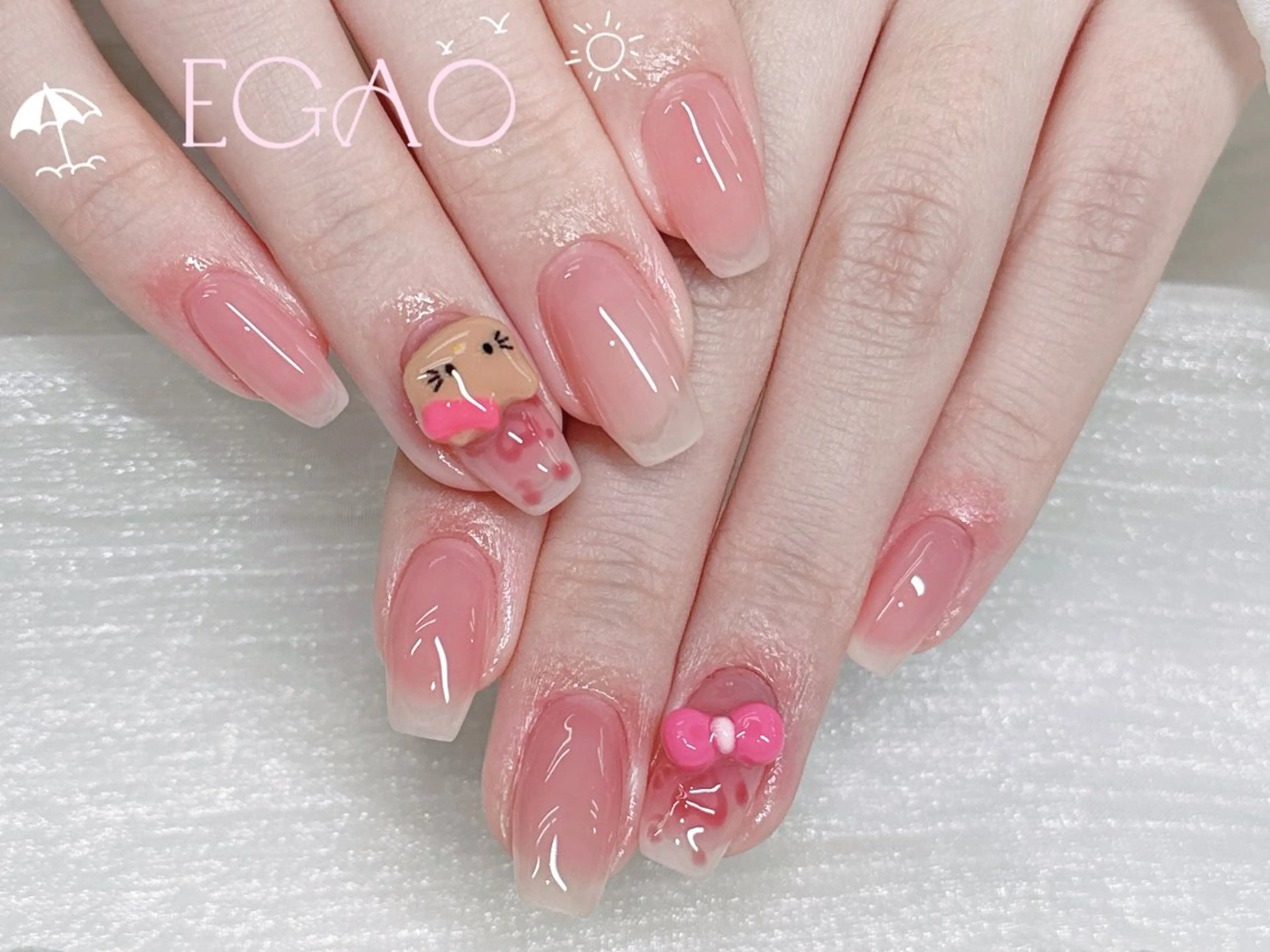 ネイル ガーリー 韓国ネイル ピンク リボン 夏ネイル ハンドネイル Egao Nail錦糸町店のネイルデザイン