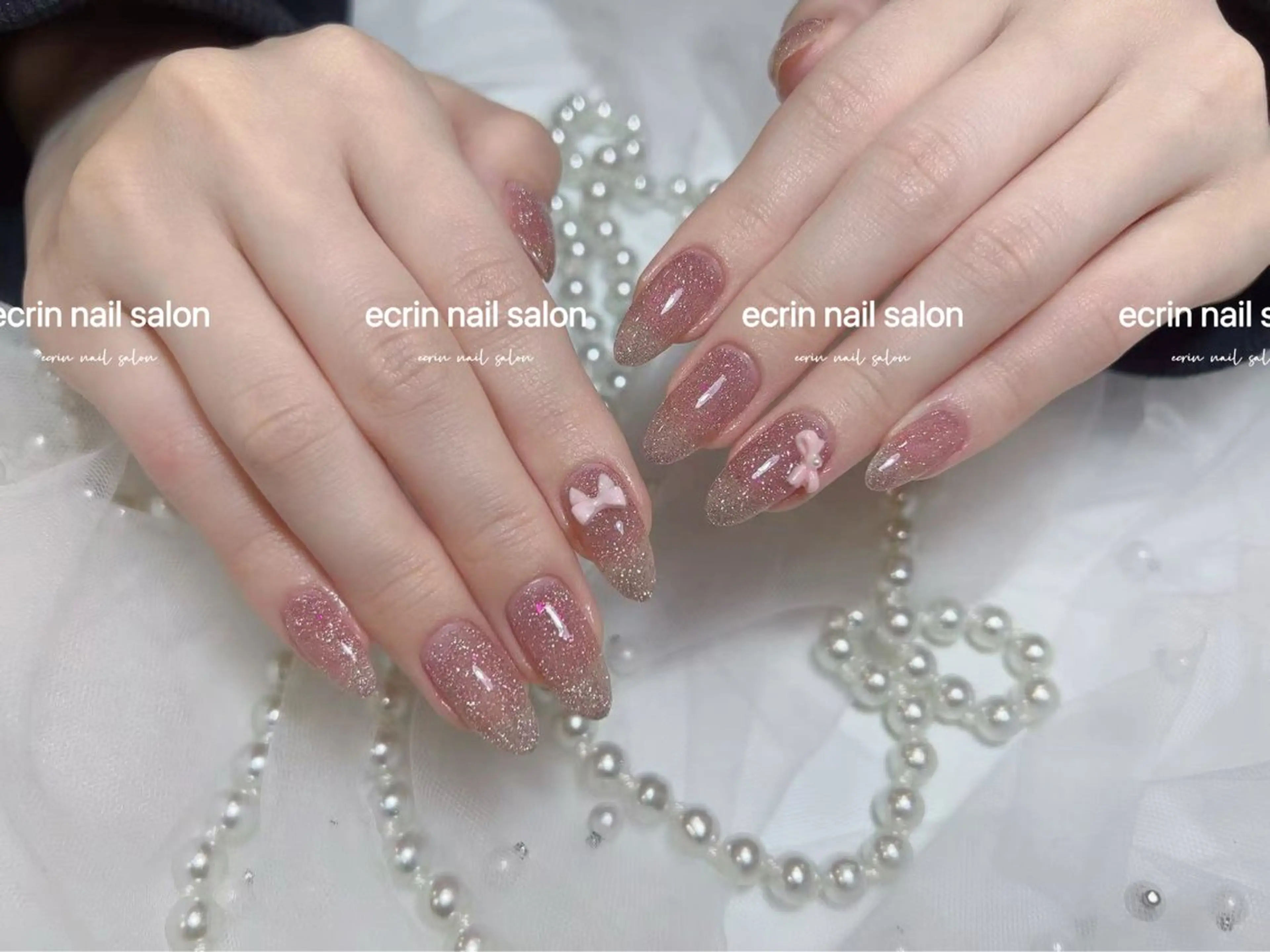 ネイル フラッシュネイル キラキラネイル リボン ハンドネイル ハンドケア ecrin nail salon錦糸町のネイルデザイン