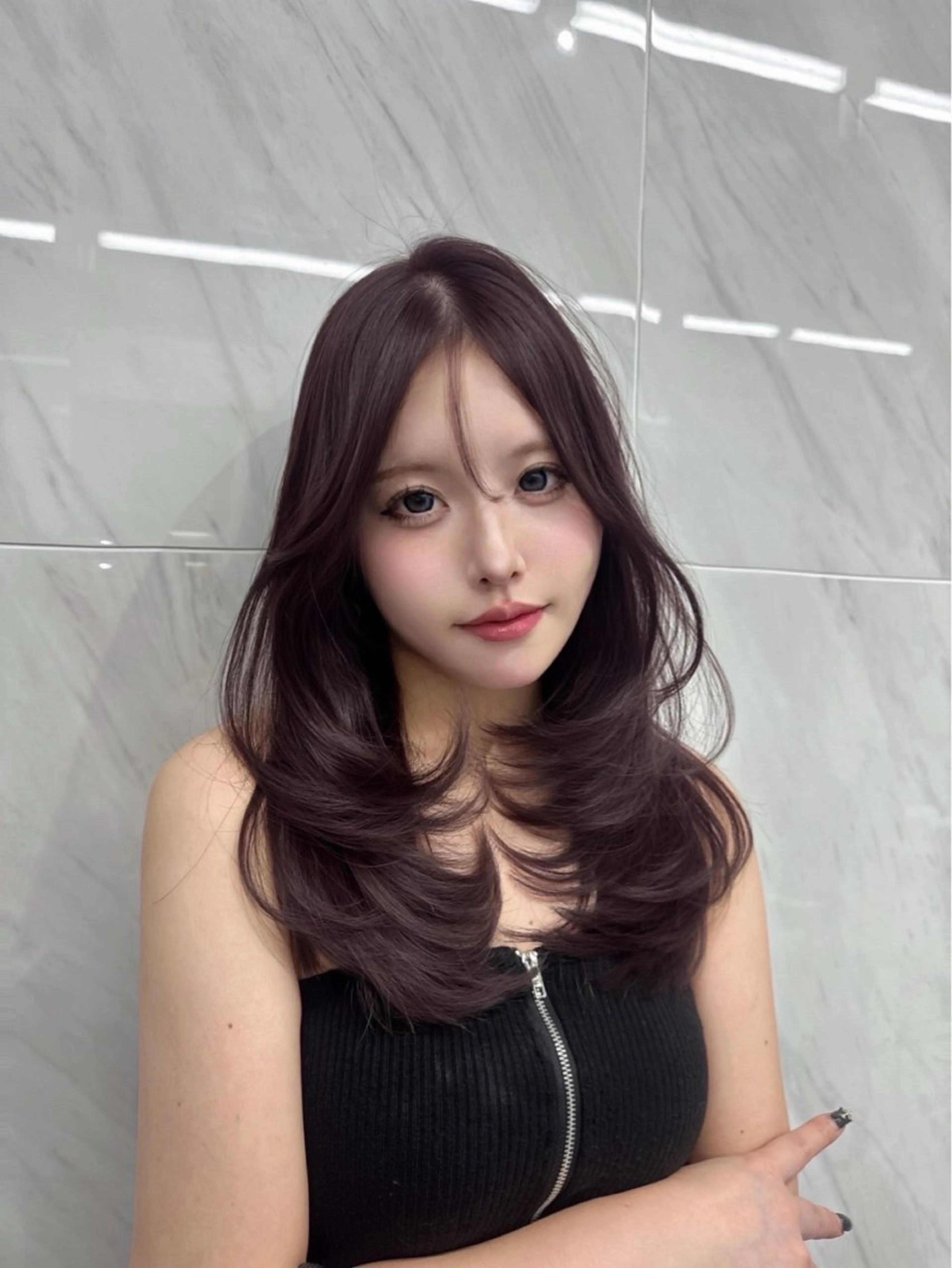 セミロング カラー ヘアアレンジ ラベンダーカラー ピンクカラー ピンクラベンダー レイヤーカット ヘアカラー トリートメント ヘアセット 💎韓国/ レイヤー カット/ 暖色🫧のヘアスタイル