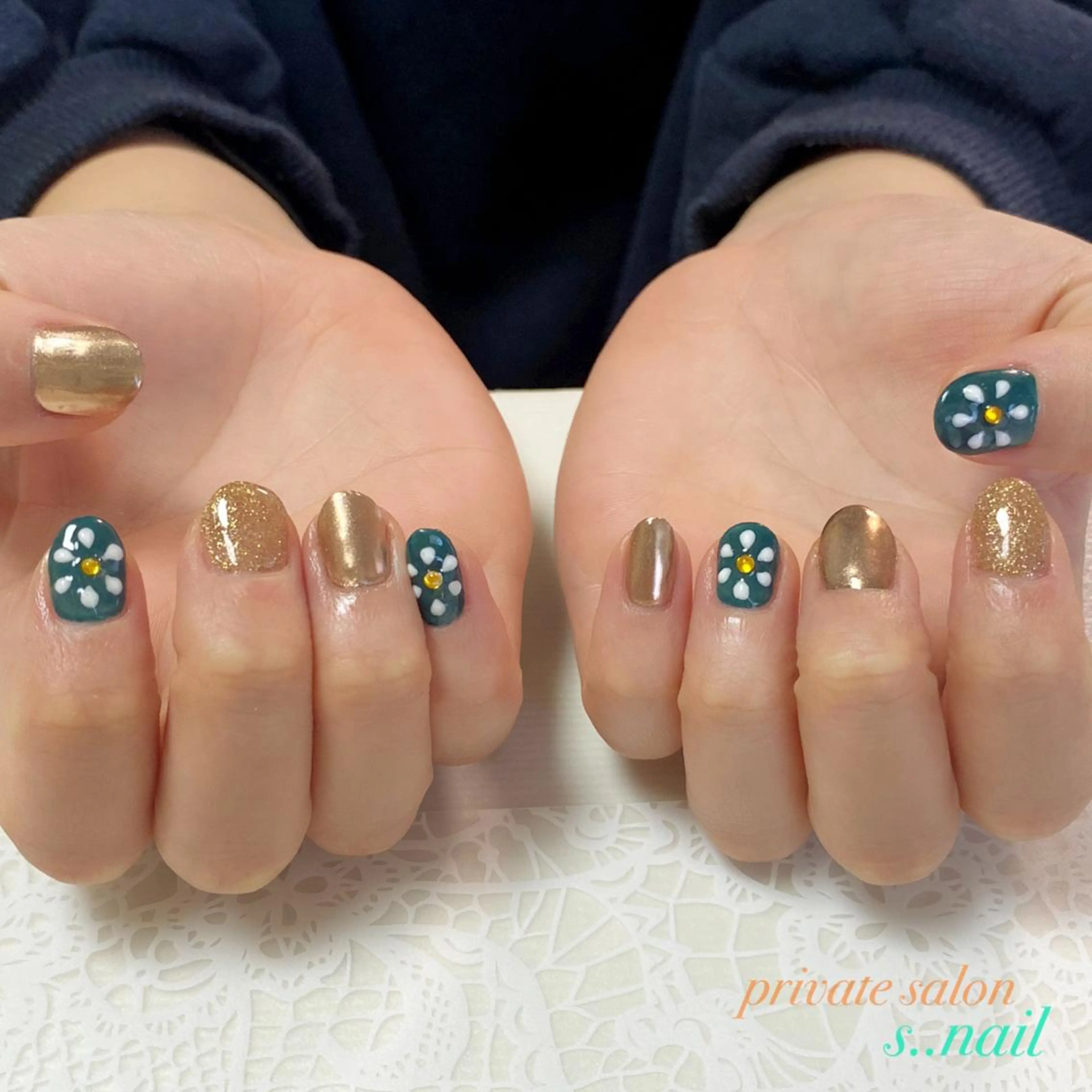 ネイル フラワーネイル グリーン ぷっくりネイル ハンドネイル フットネイル s..nail / MORITAのネイルデザイン