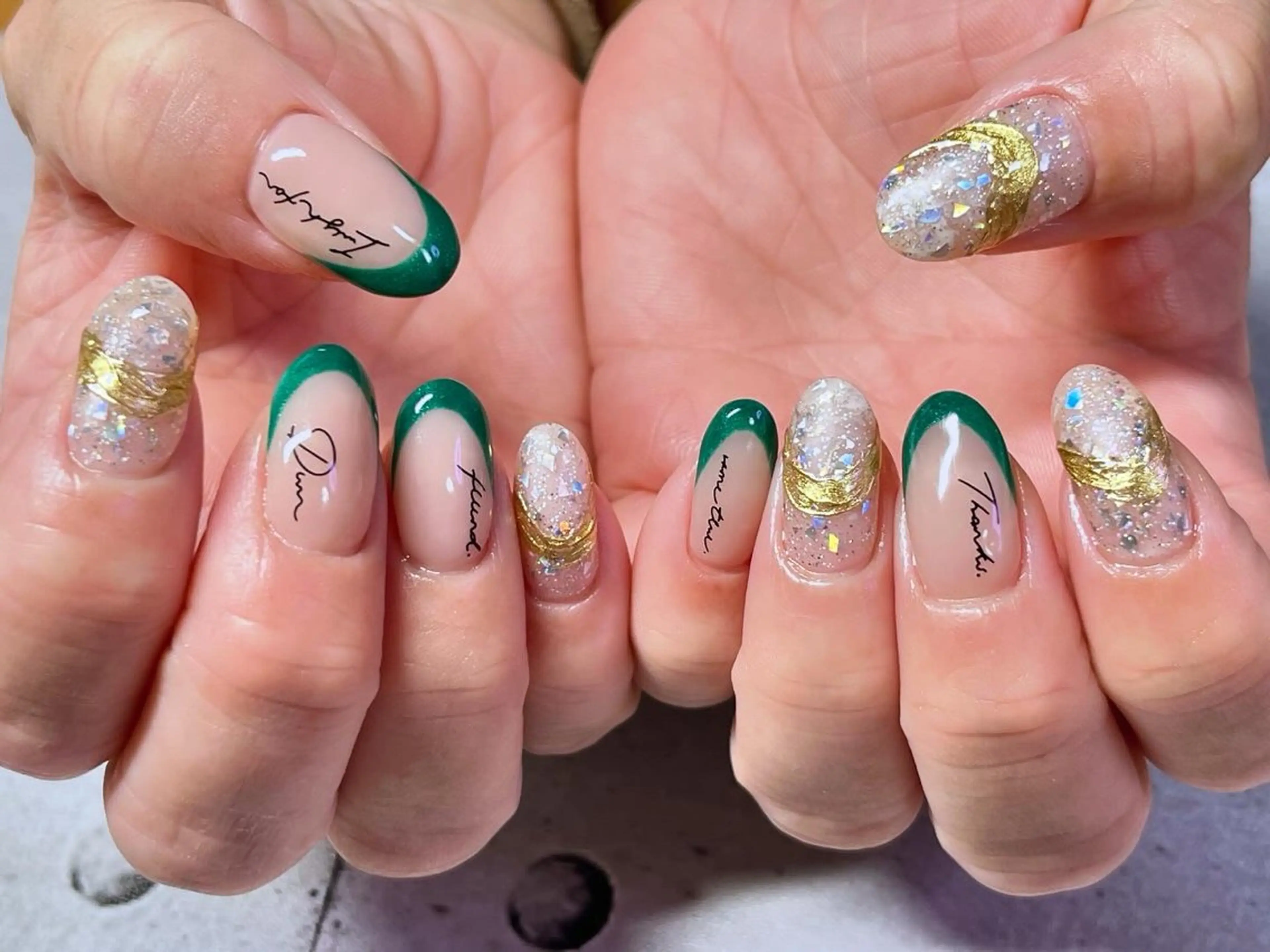 ネイル アートネイル フレンチネイル グリーン ミラーネイル ハンドネイル まり りぃ〜んのネイルデザイン