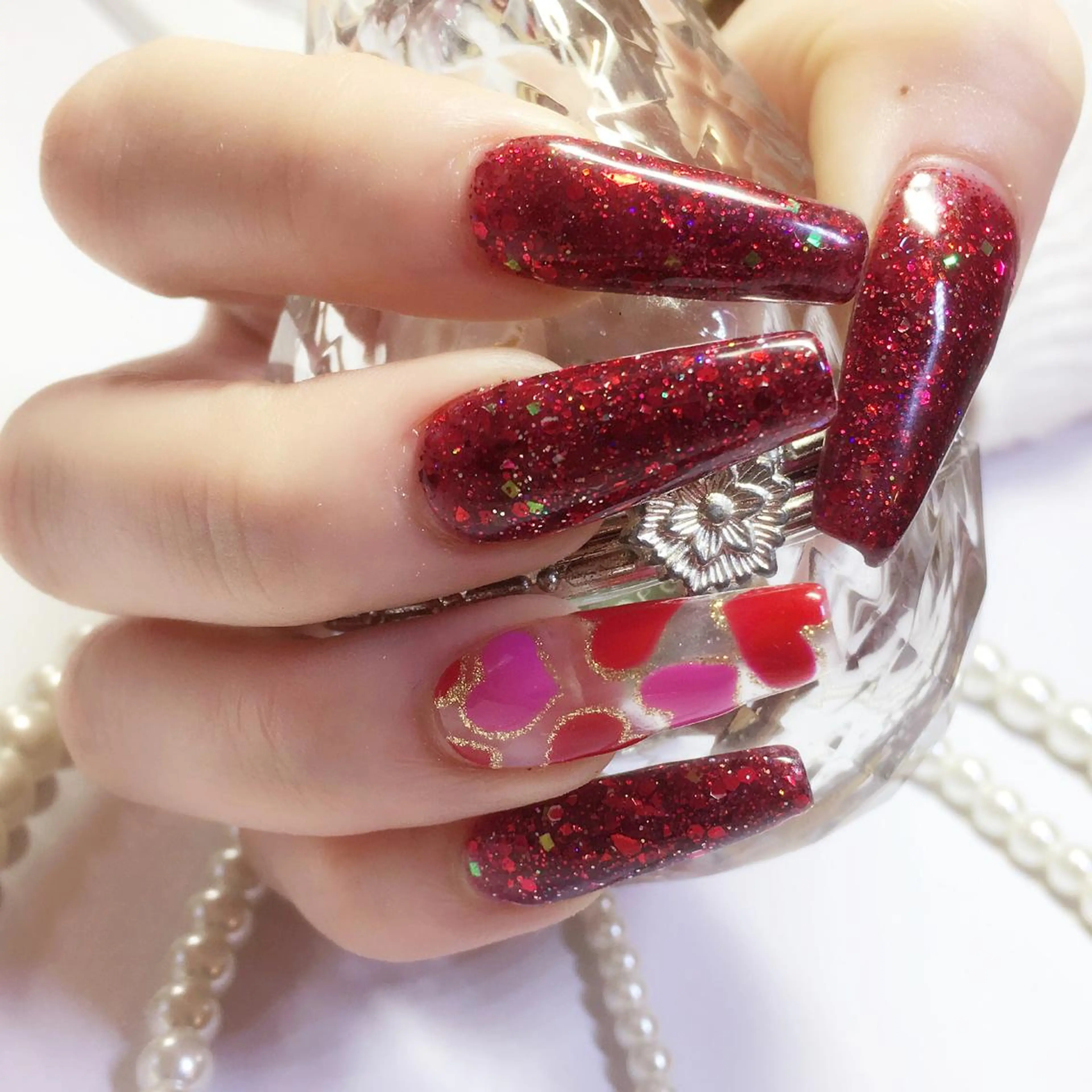 ネイル アートネイル ハート ラメ(グリッター) 赤色 スカルプネイル nail salon Soeurのネイルデザイン