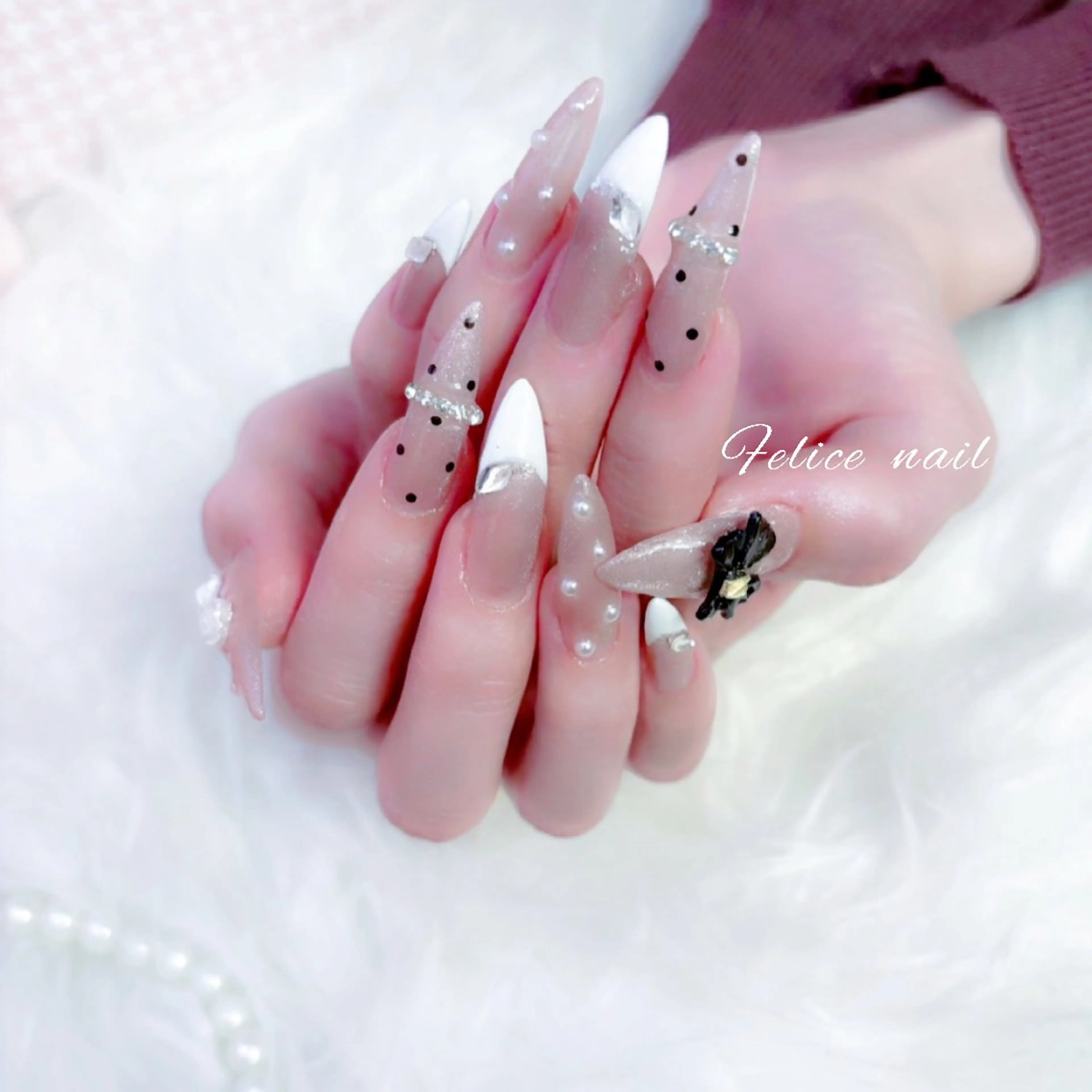 ネイル ドット フレンチネイル マグネットネイル ピンク 春ネイル felice nailのネイルデザイン