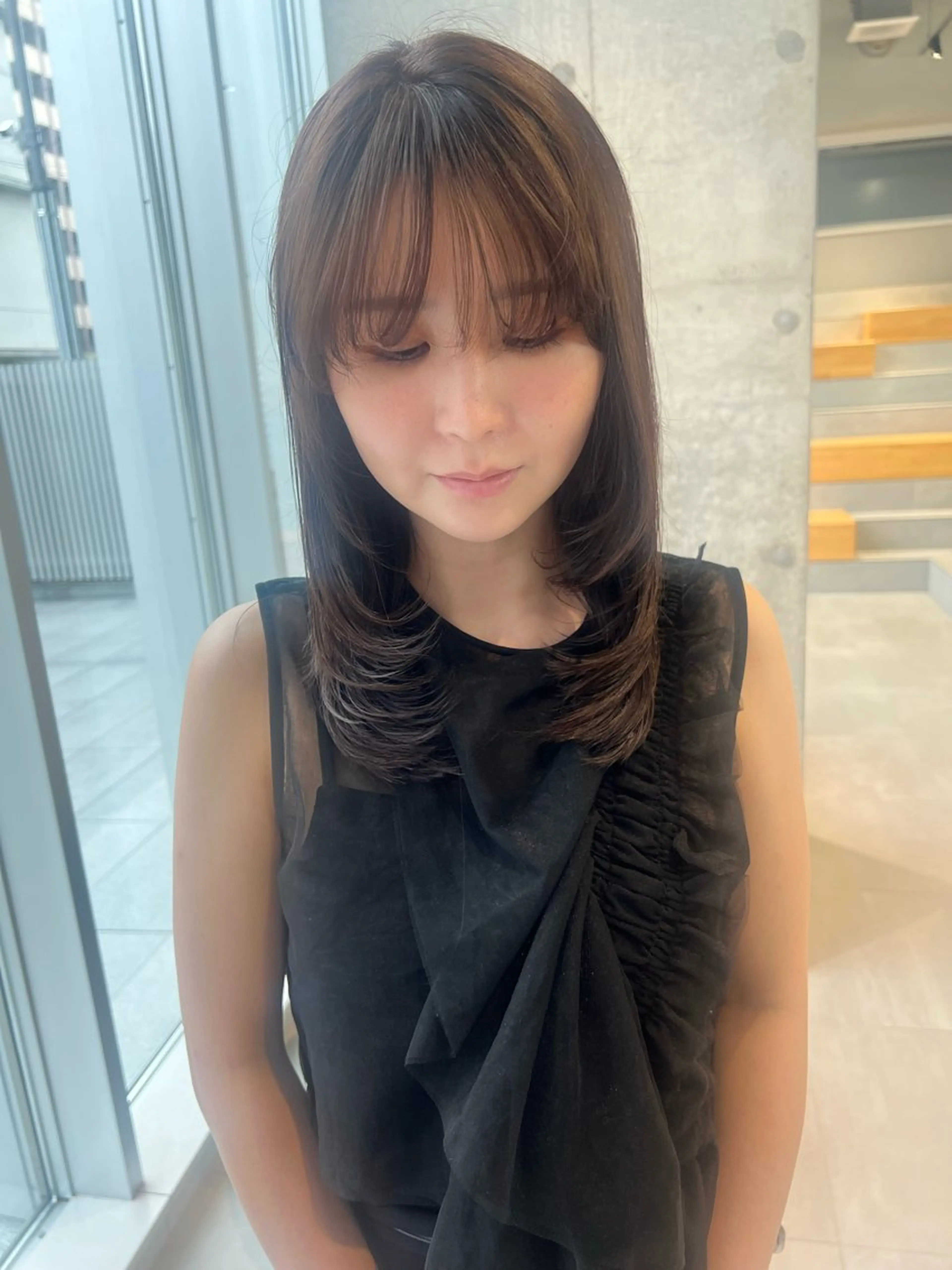 ミディアム カラー ブラウンカラー レイヤーカット カット ヘアカラー トリートメント 吉沢遣人/レイヤー 艶カラー/抜け感のヘアスタイル