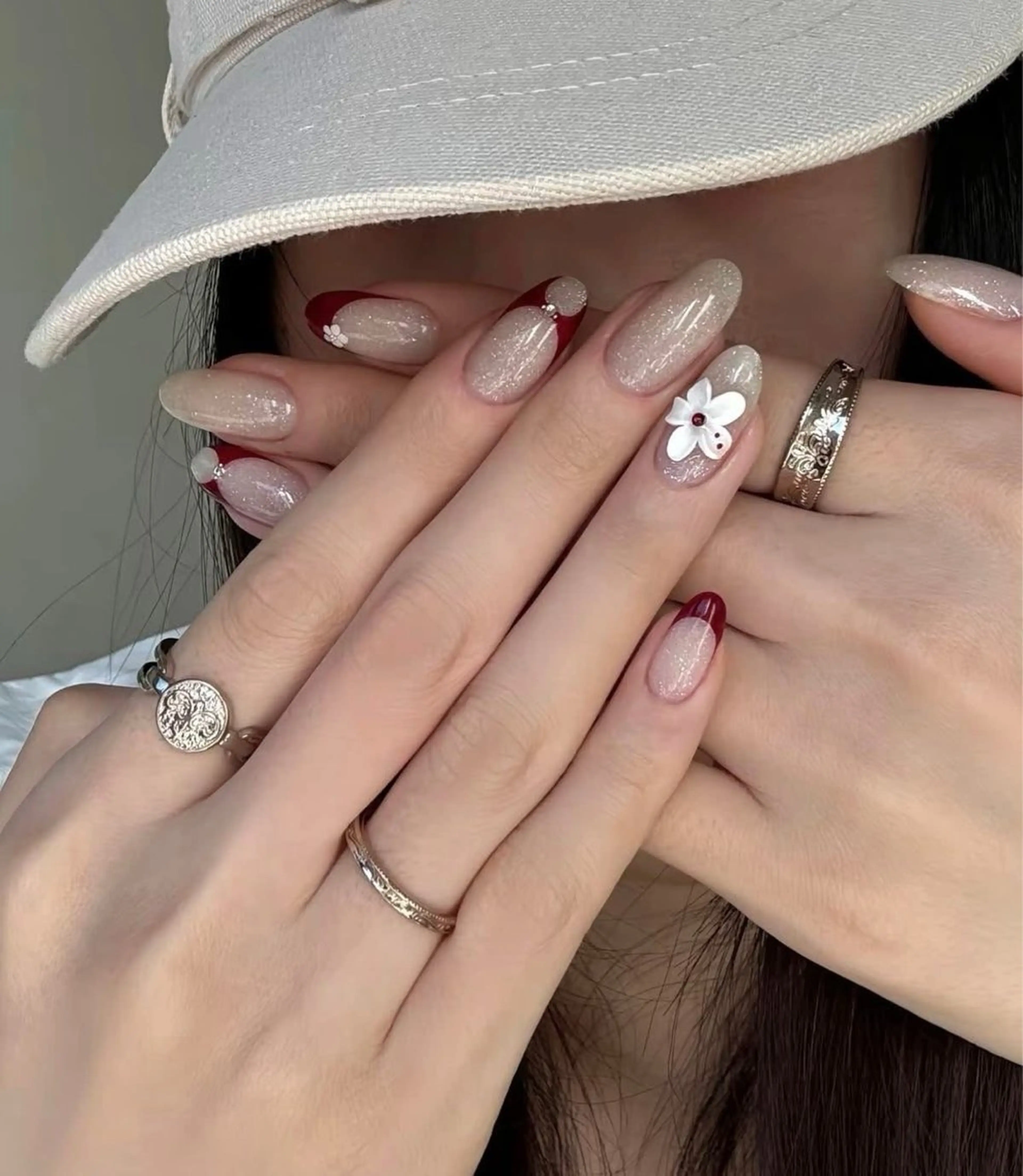 ネイル ボルドー チークネイル 成人式 フレンチネイル キラキラネイル Kawaii _Nailのネイルデザイン