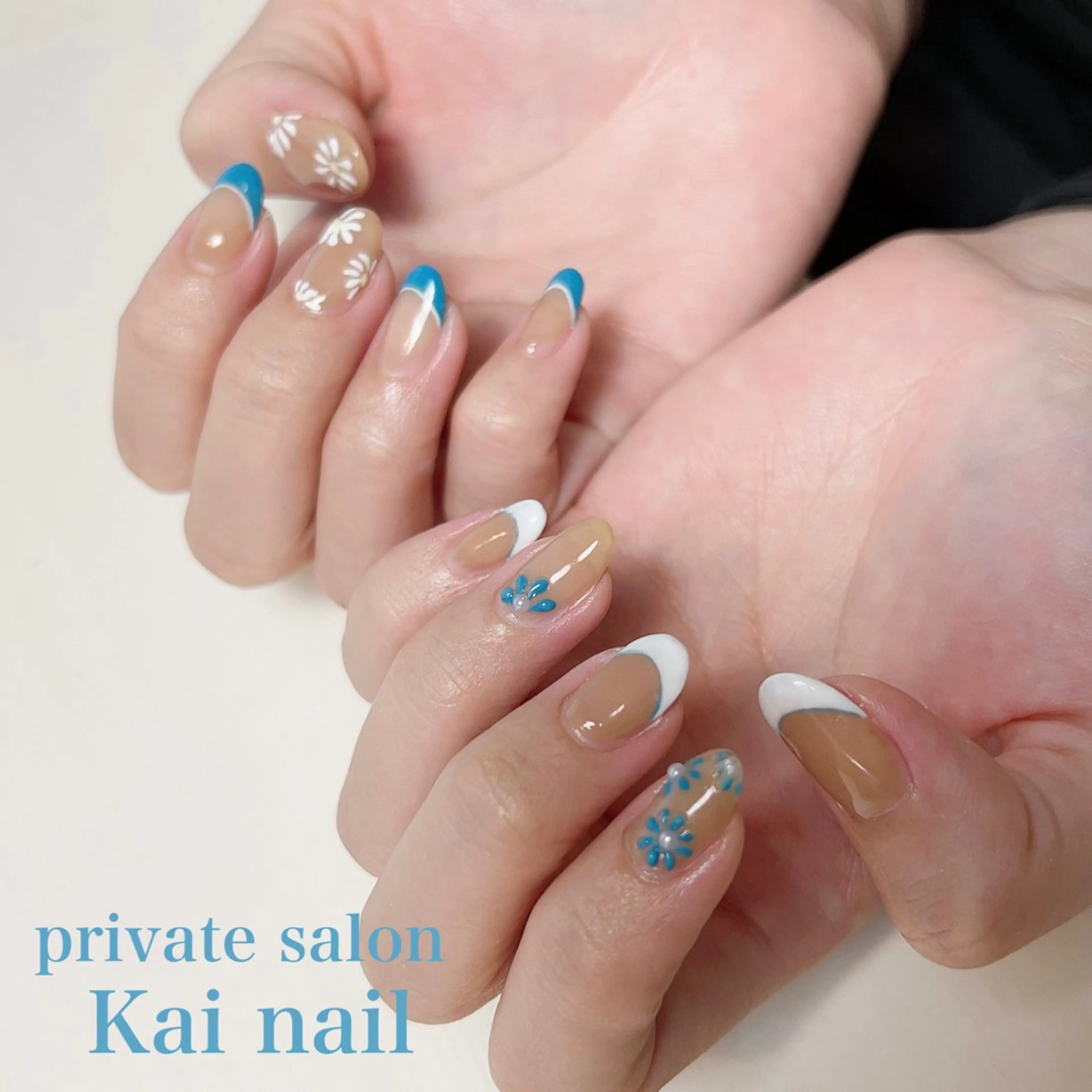ネイル アートネイル ブルー フラワーネイル フレンチネイル 韓国ネイル Kai  nail Mayukoのネイルデザイン
