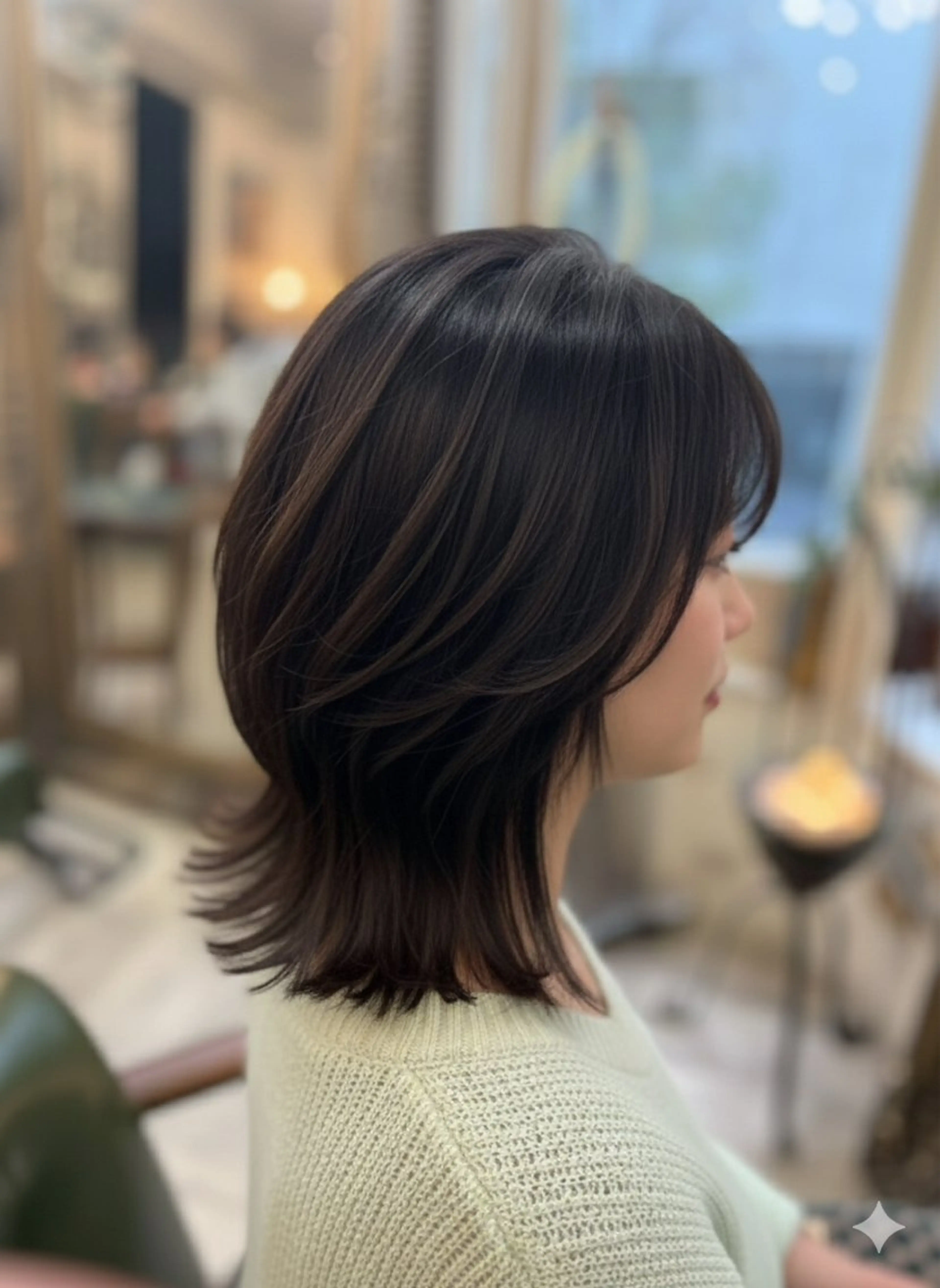 ミディアム レイヤーカット 外ハネヘア カット 新宿御苑/艶髪カラー 髪質改善/山口のヘアスタイル