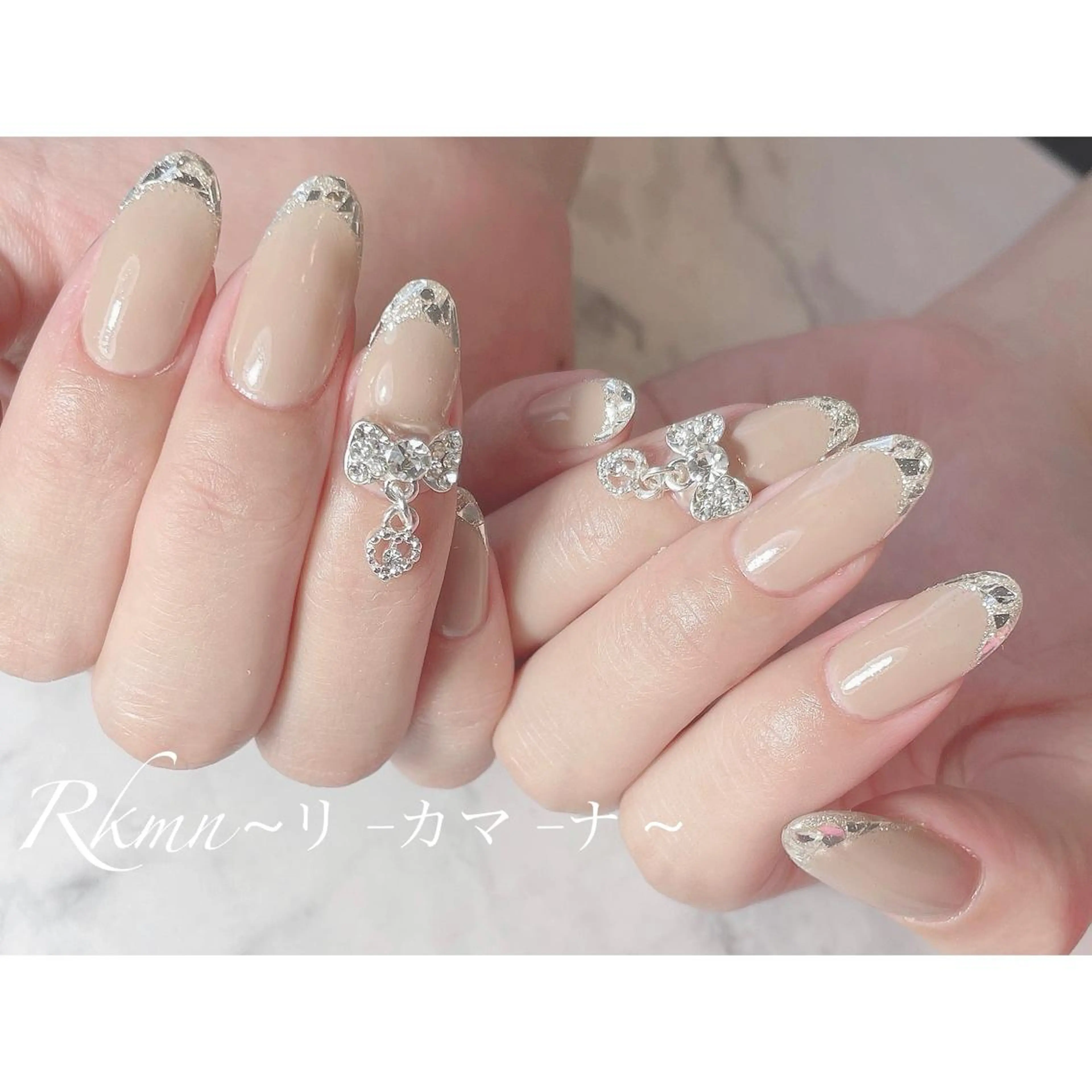 ネイル アートネイル フレンチネイル ガラスフレンチ リボン 春ネイル ハンドネイル フットネイル ハンドケア Rkmn ~リ-カマ-ナ~のネイルデザイン