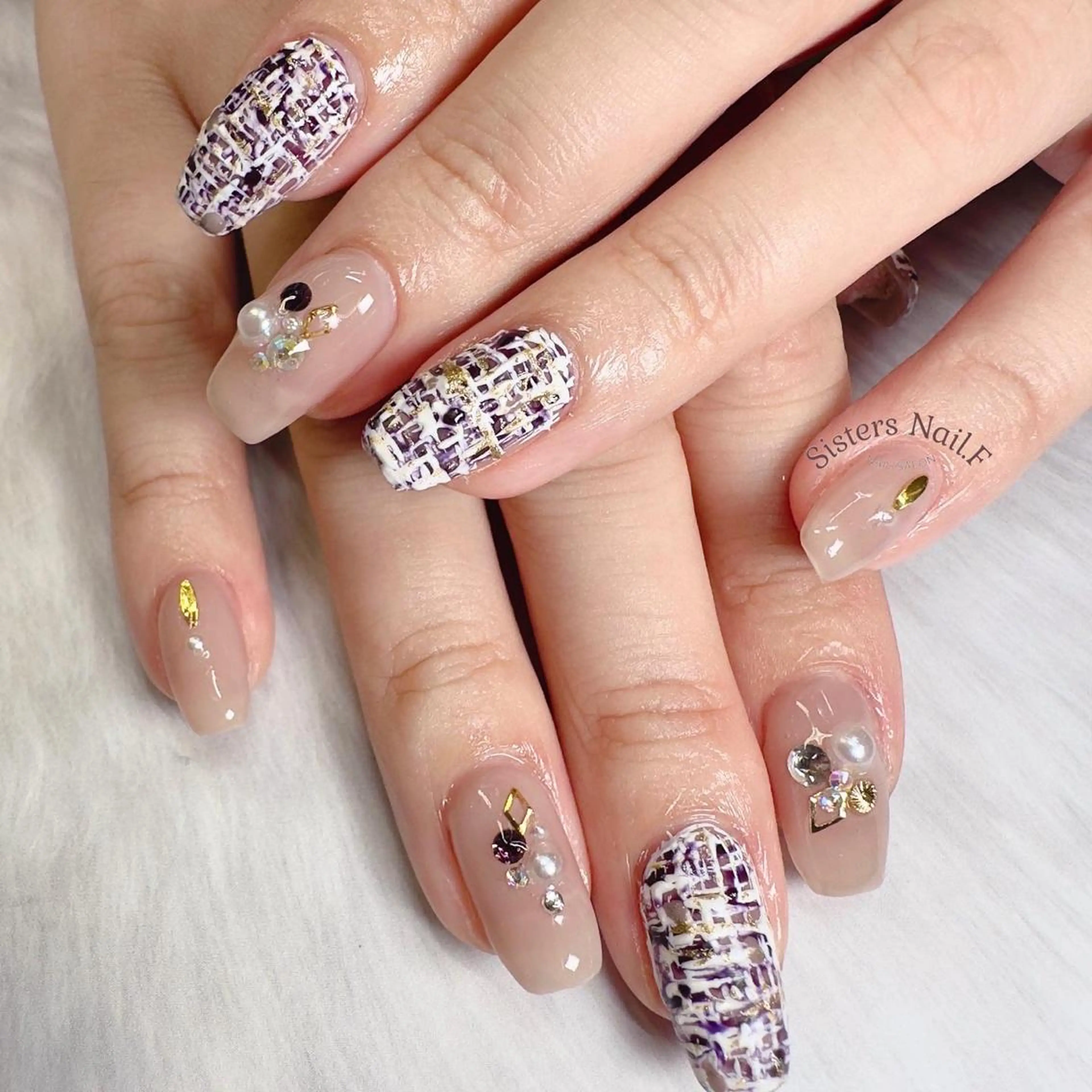 ネイル アートネイル マットネイル パープル ツイードネイル ホワイト sisters nail.fのネイルデザイン