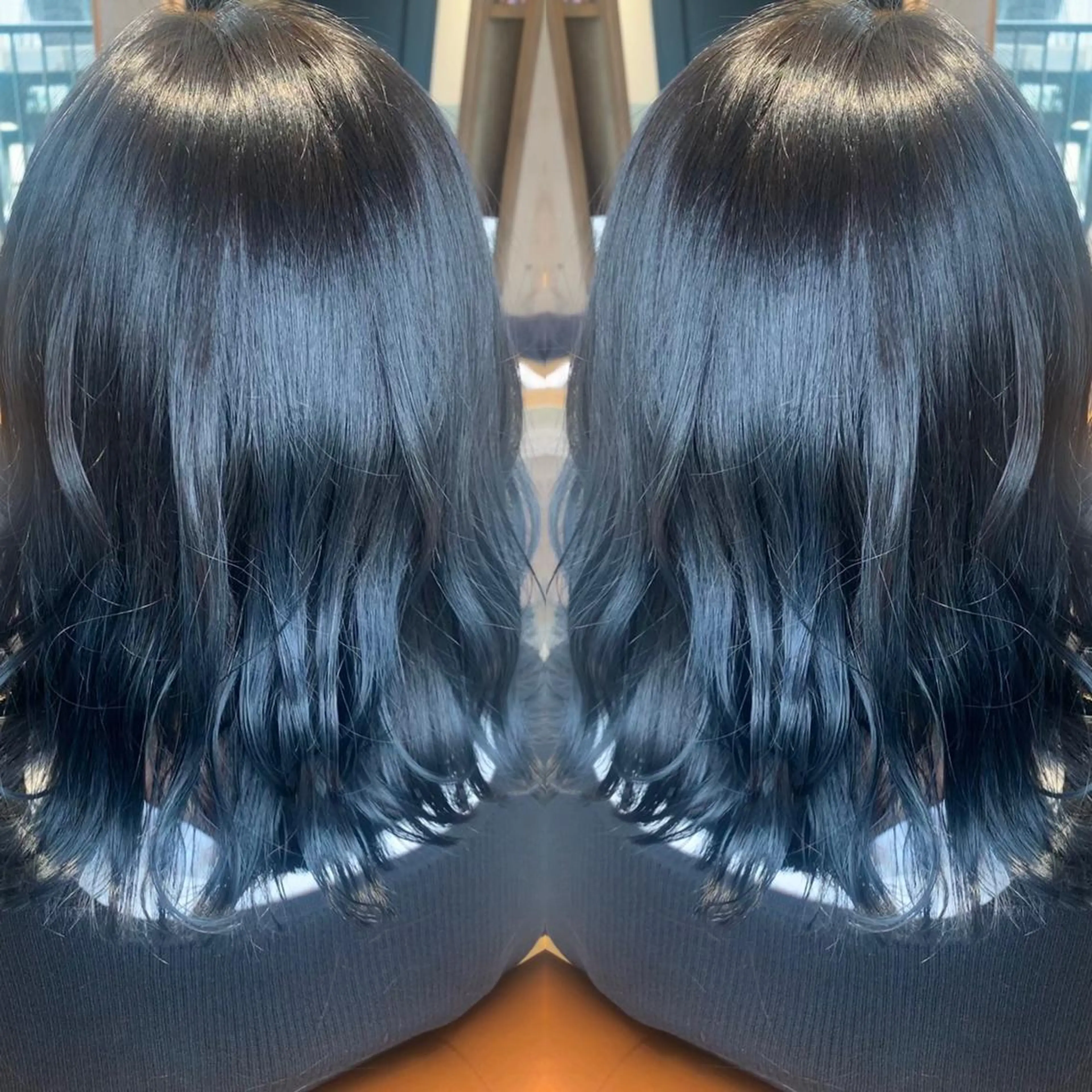 ミディアム カラー 黒髪 ネイビーカラー ムルギョル巻き 韓国🇰🇷 ✂︎hair 内田愛のヘアスタイル