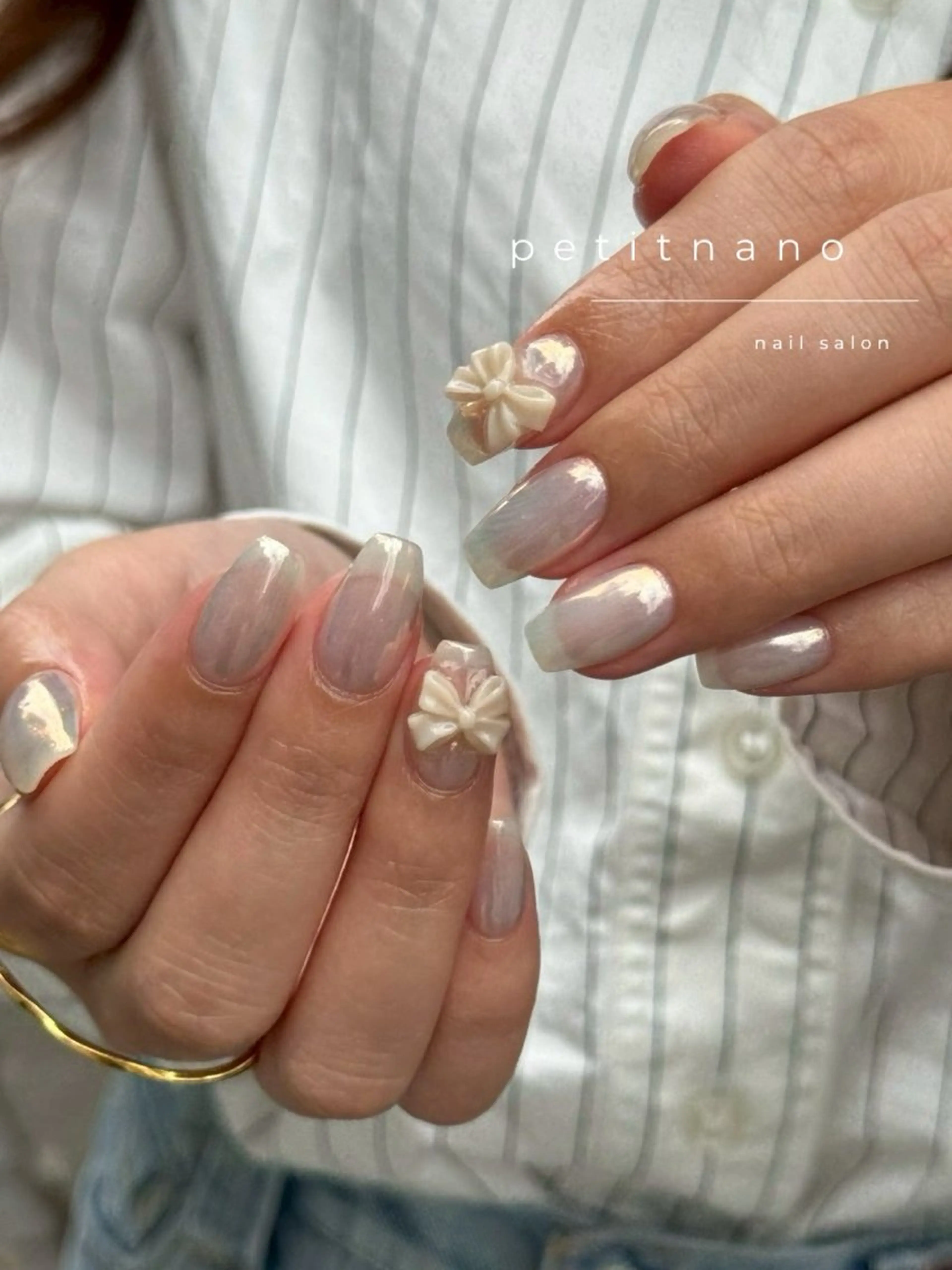 ネイル オーロラネイル リボン 夏ネイル ハンドネイル nail‪◯ petitnanoのネイルデザイン