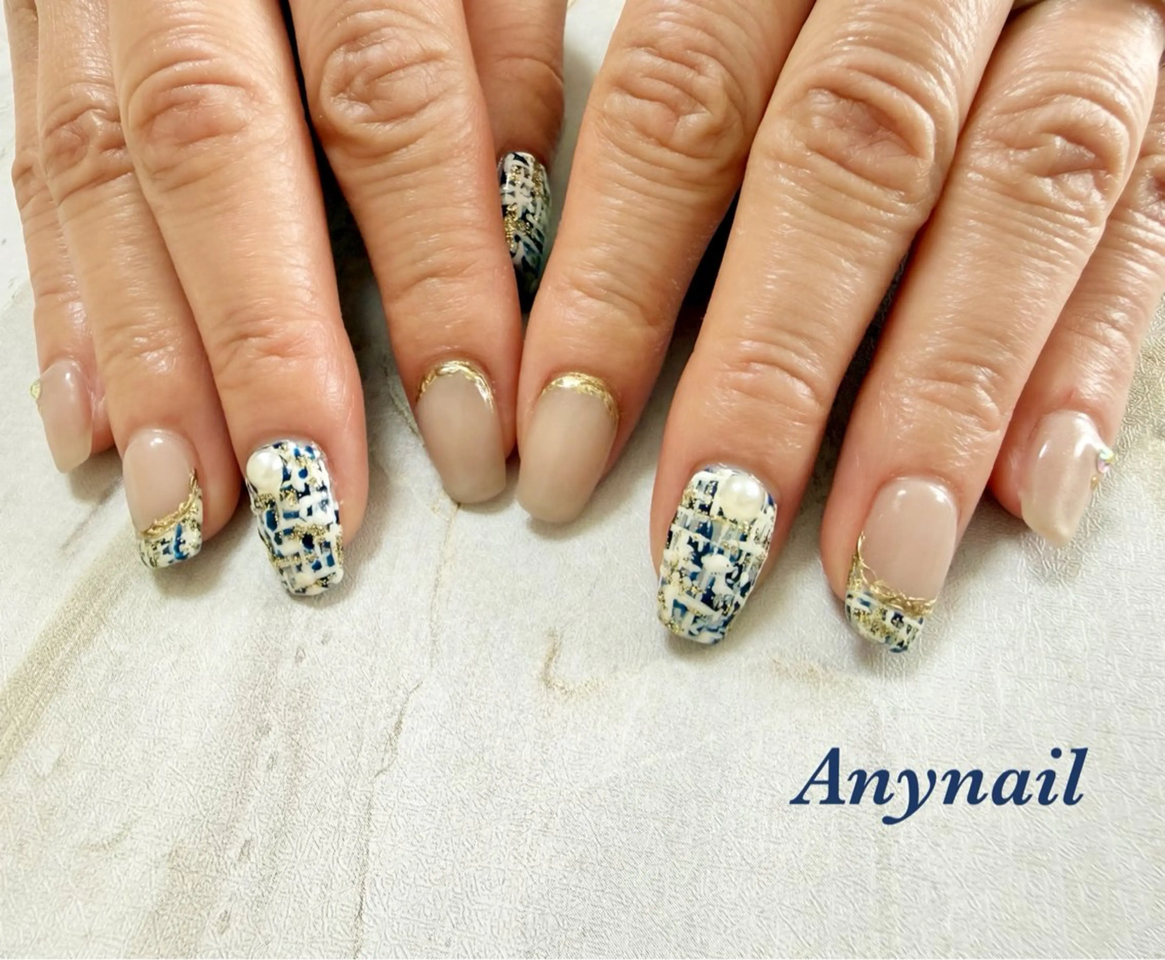 ネイル アートネイル ブルー ミラーネイル ネイビー ツイードネイル 岩澤 恵子のネイルデザイン
