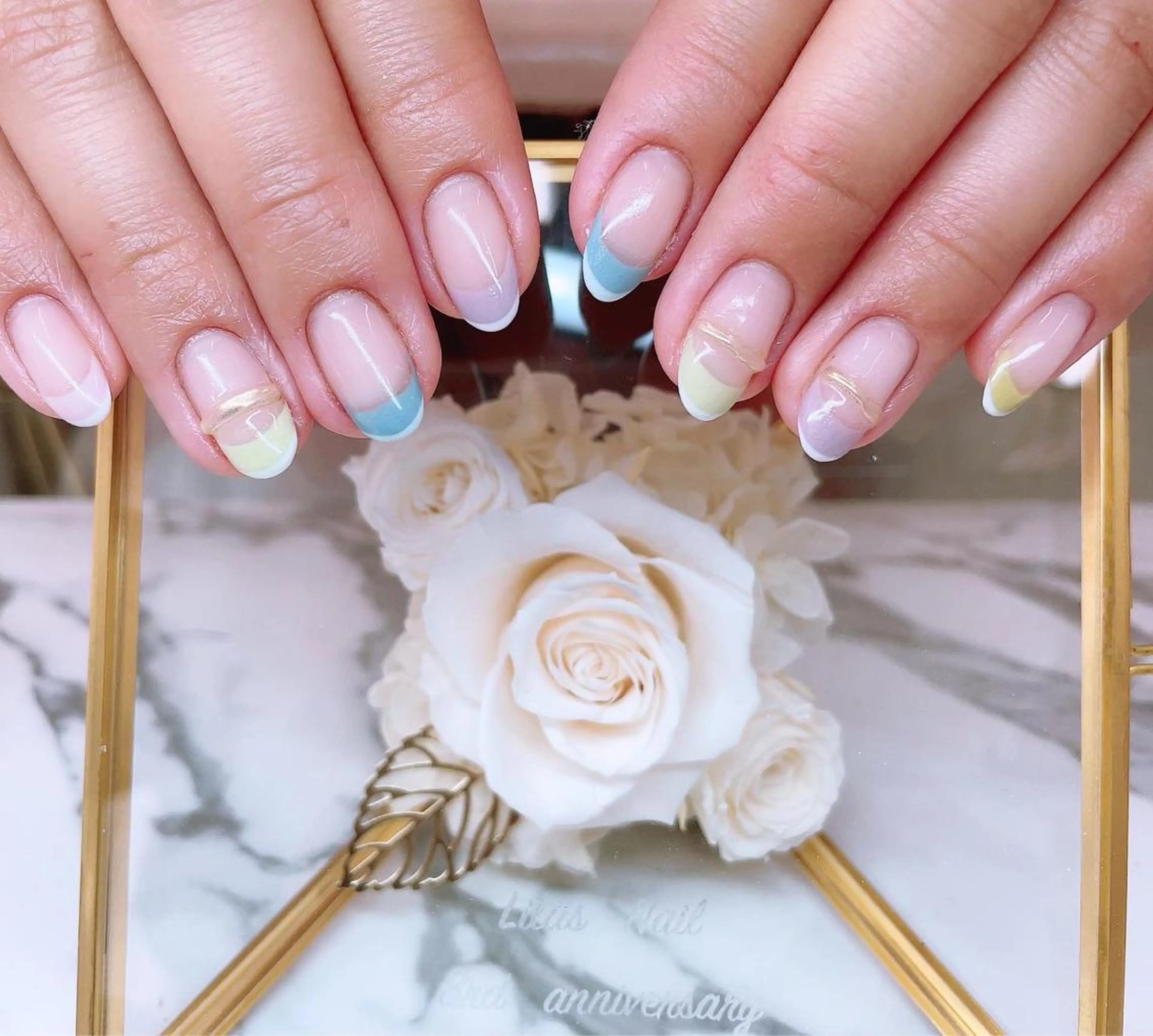 ネイル フレンチネイル ジェルネイル ハードジェル 水色 ロングネイル Lilas Nailのネイルデザイン