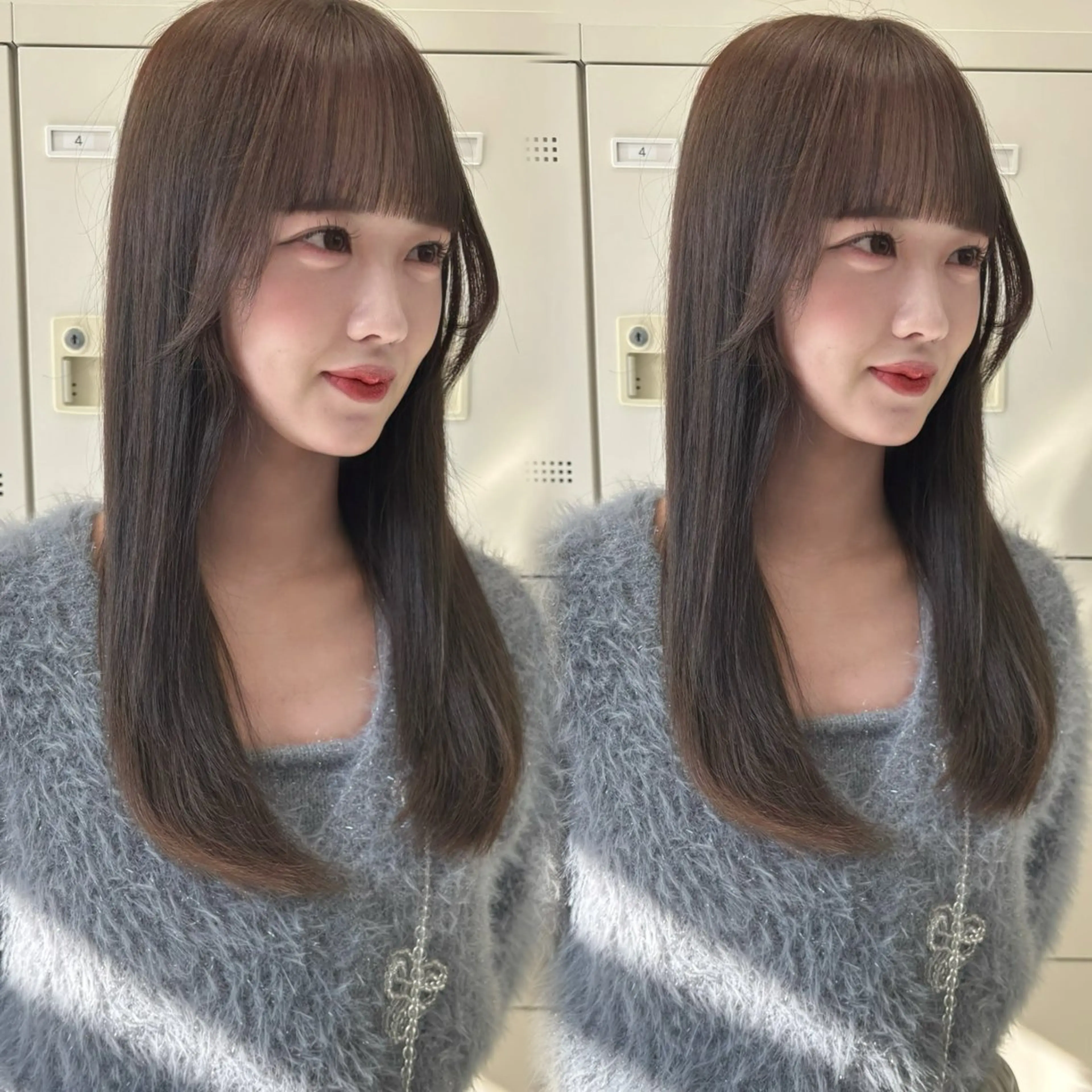 ロング カット ヘアカラー トリートメント 韓国ヘア/ブリーチ無 しWカラー/オリーブのヘアスタイル