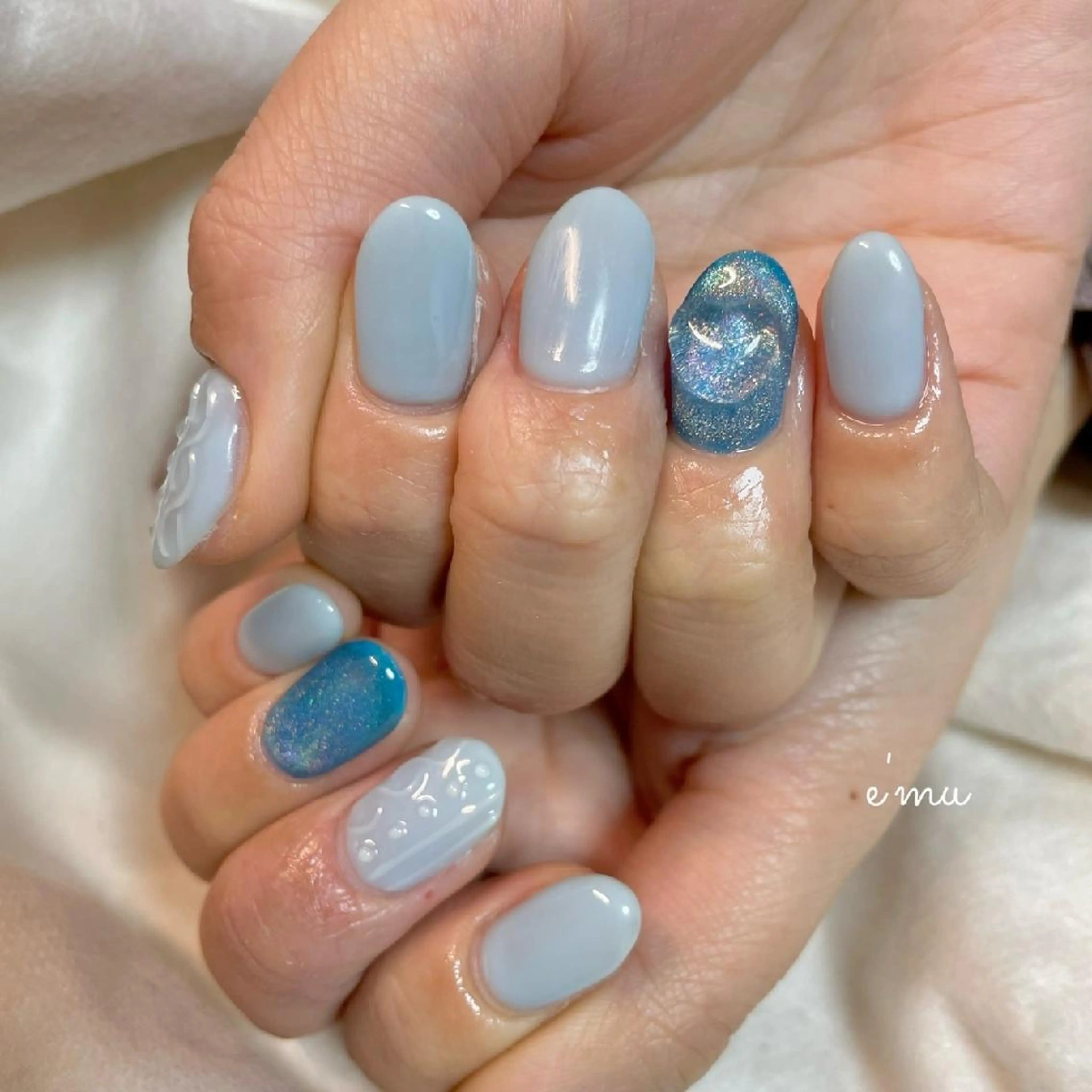ネイル ブルー マグネットネイル 冬ネイル ハンドネイル nail salon e'mu💐のネイルデザイン