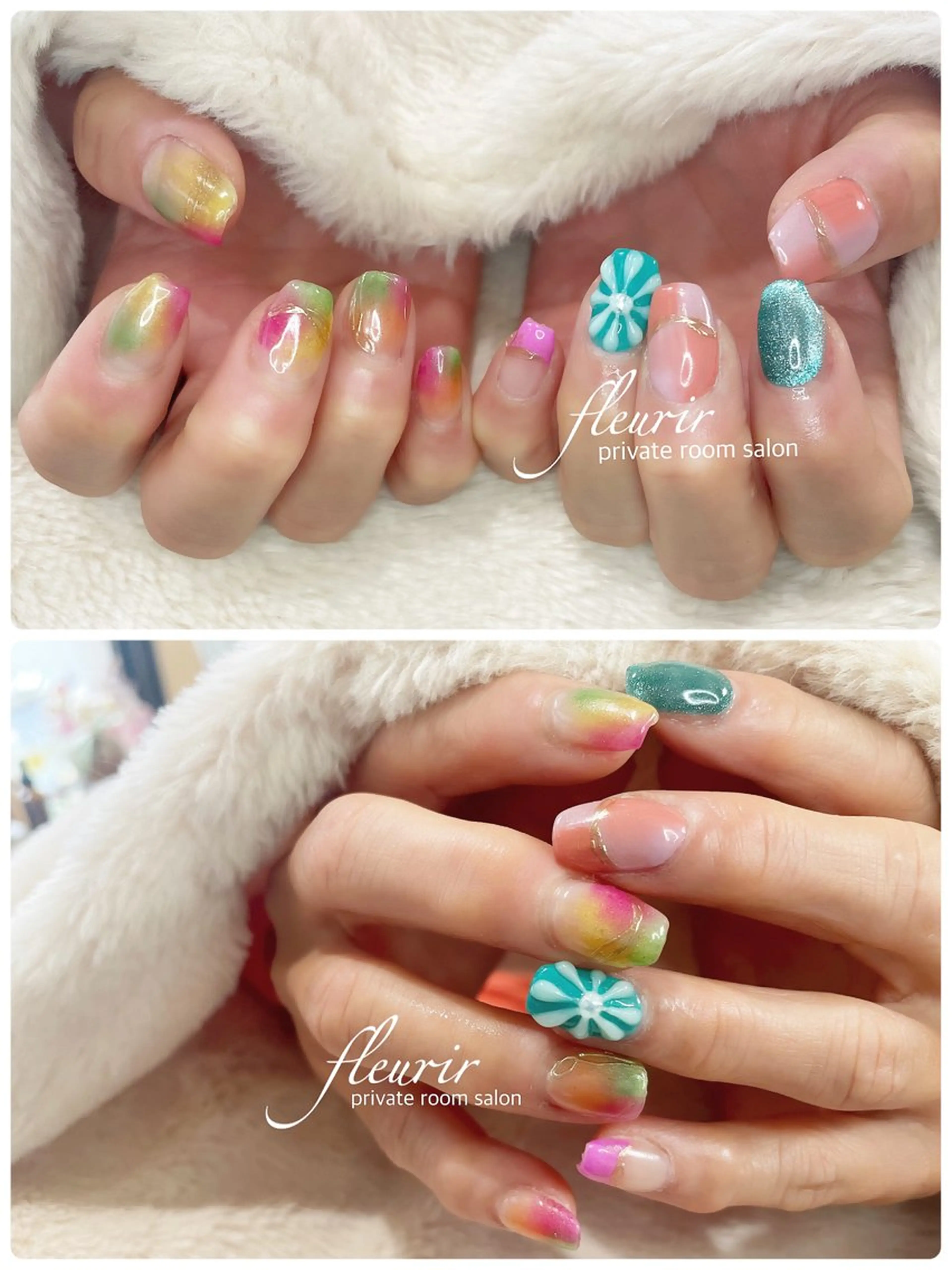 ネイル アートネイル フラワーネイル フレンチネイル グラデーション グリーン フルリール 【プライベートサロンのネイルデザイン