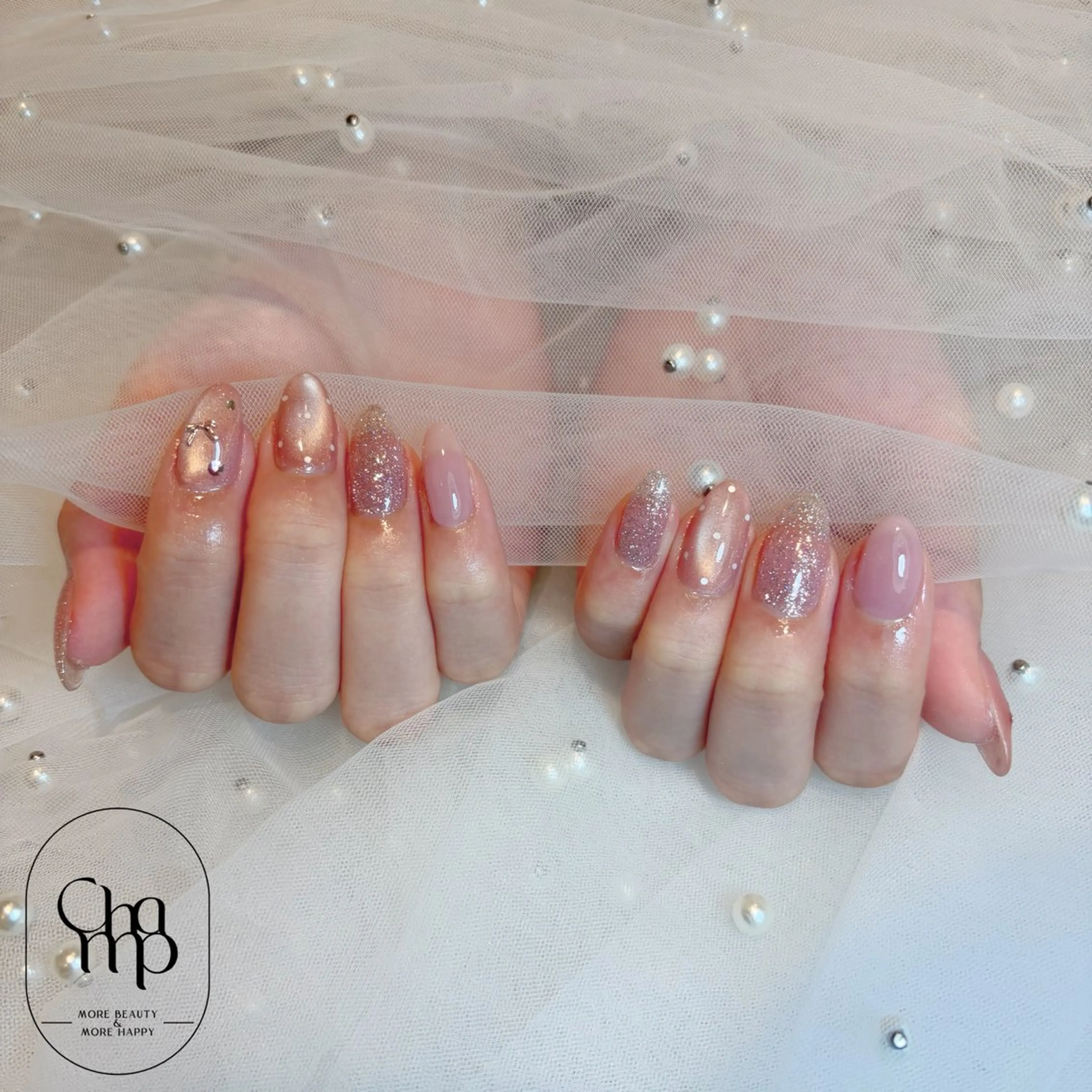 ネイル ドット ラメ(グリッター) マグネットネイル リボン ハンドネイル Champ瓢箪山店 つかもとのネイルデザイン