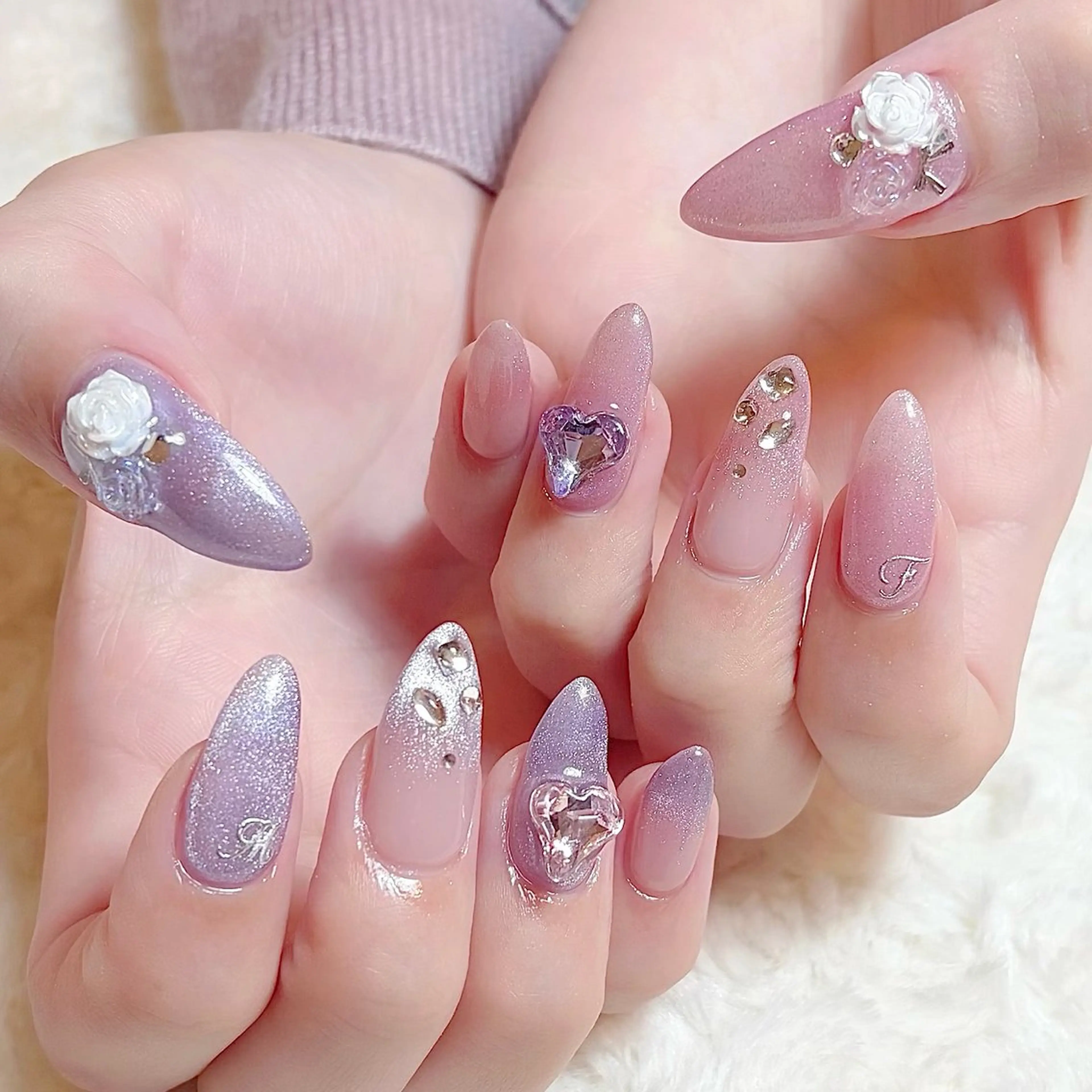 ネイル ハート 持ち込み パープル ハンドネイル Naruse Momoのネイルデザイン