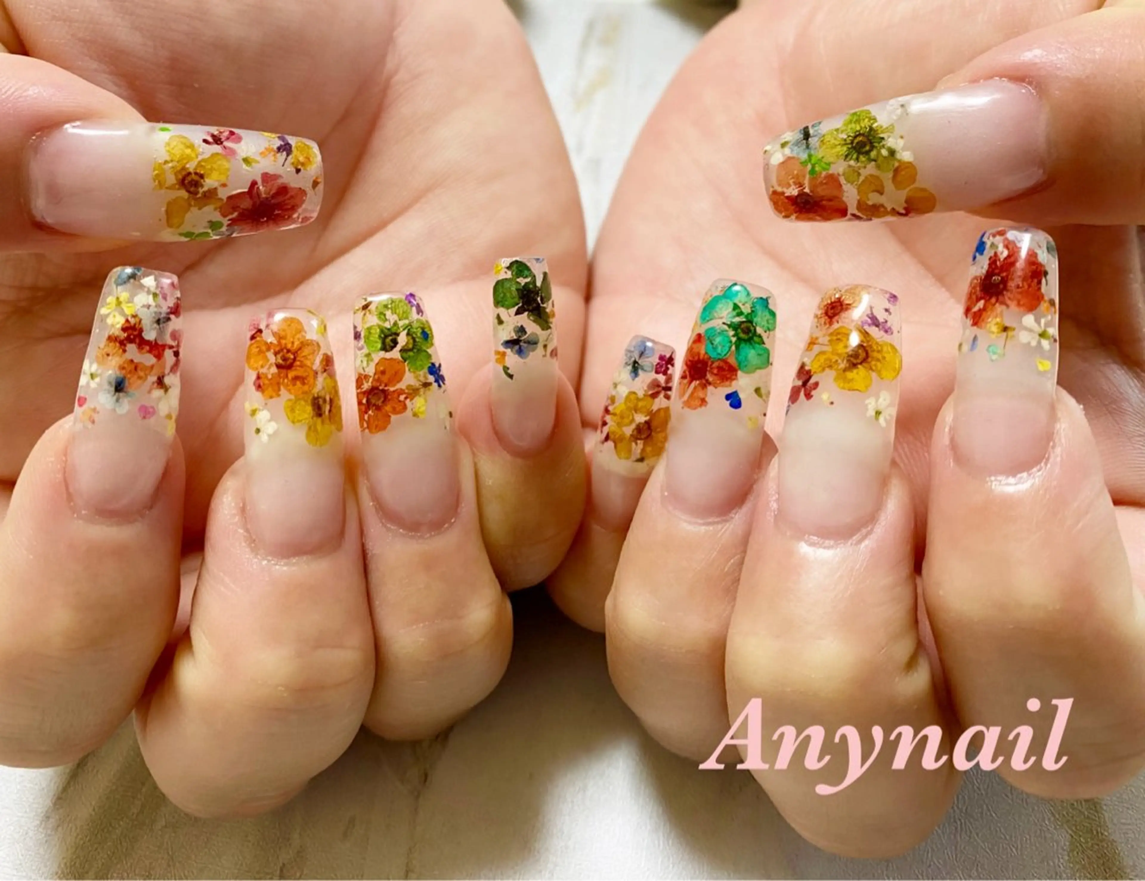 ネイル ブルー フラワーネイル スカルプネイル 春ネイル ハンドネイル 岩澤 恵子のネイルデザイン