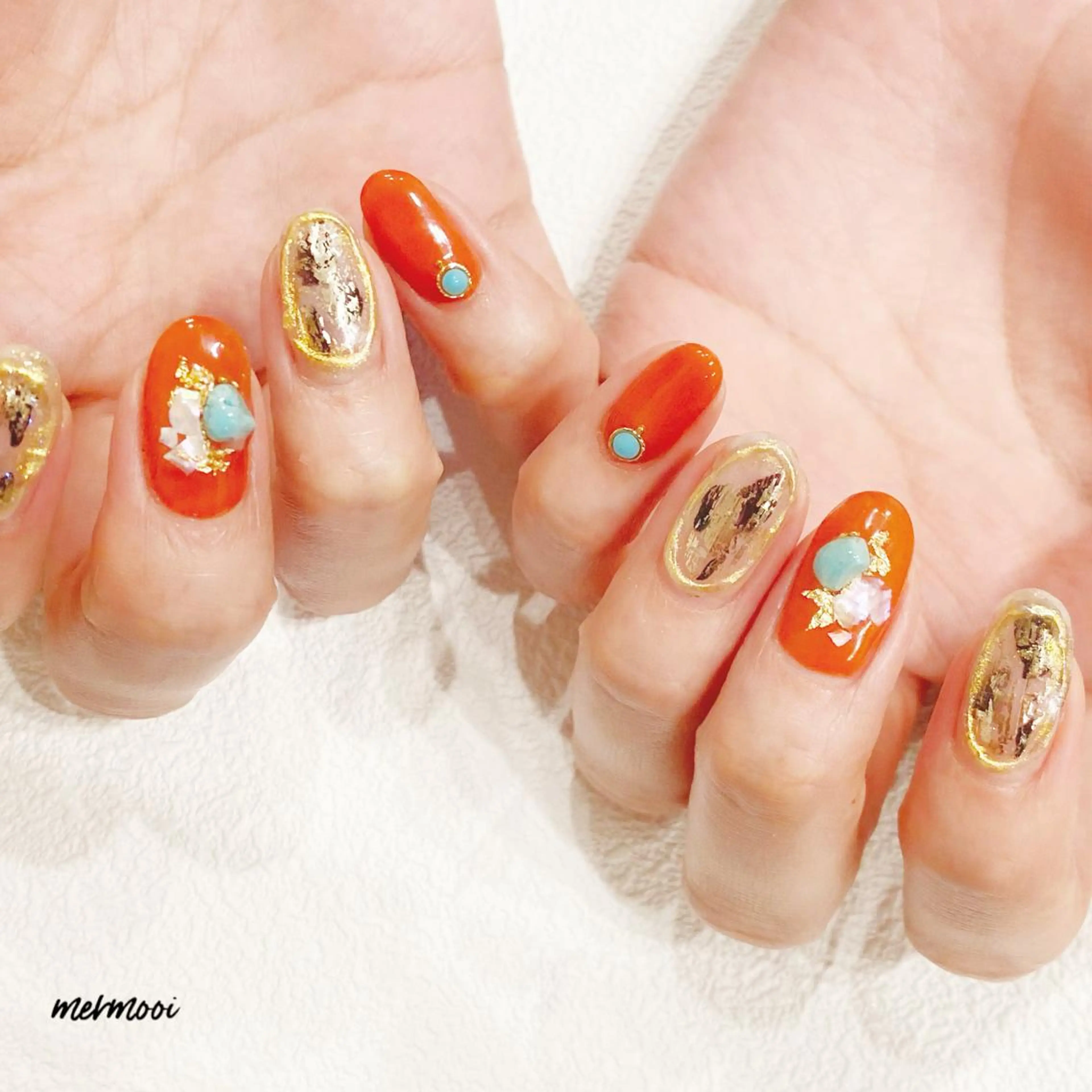 ネイル クリアネイル ゴールド ミラーネイル オレンジ melumooi nailのネイルデザイン