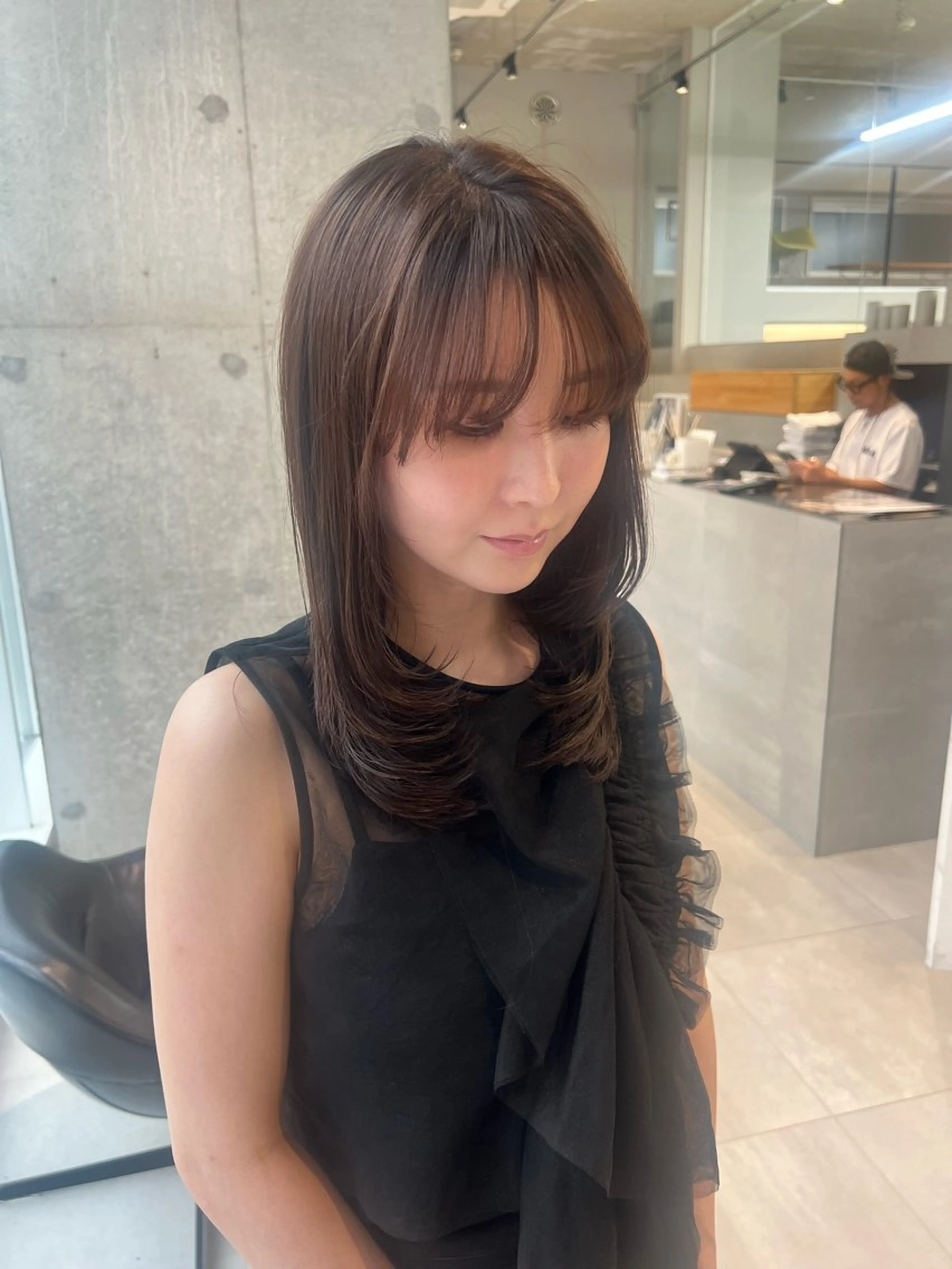 ミディアム カラー ブラウンカラー レイヤーカット カット ヘアカラー トリートメント 吉沢遣人/レイヤー 艶カラー/抜け感のヘアスタイル