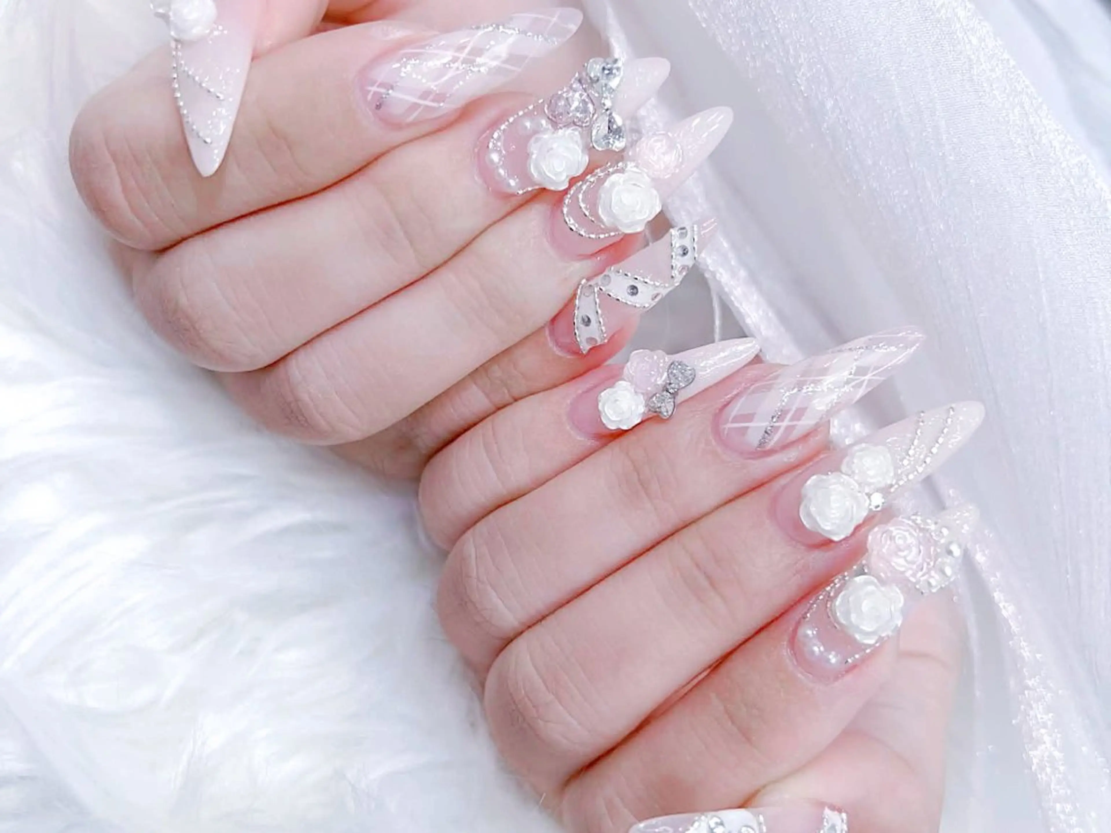 ネイル 成人式 大理石ネイル(マーブル) リボン 夏ネイル ネイルチップ ハンドネイル MoMoA Nail ネイル長さ出し専門店のネイルデザイン