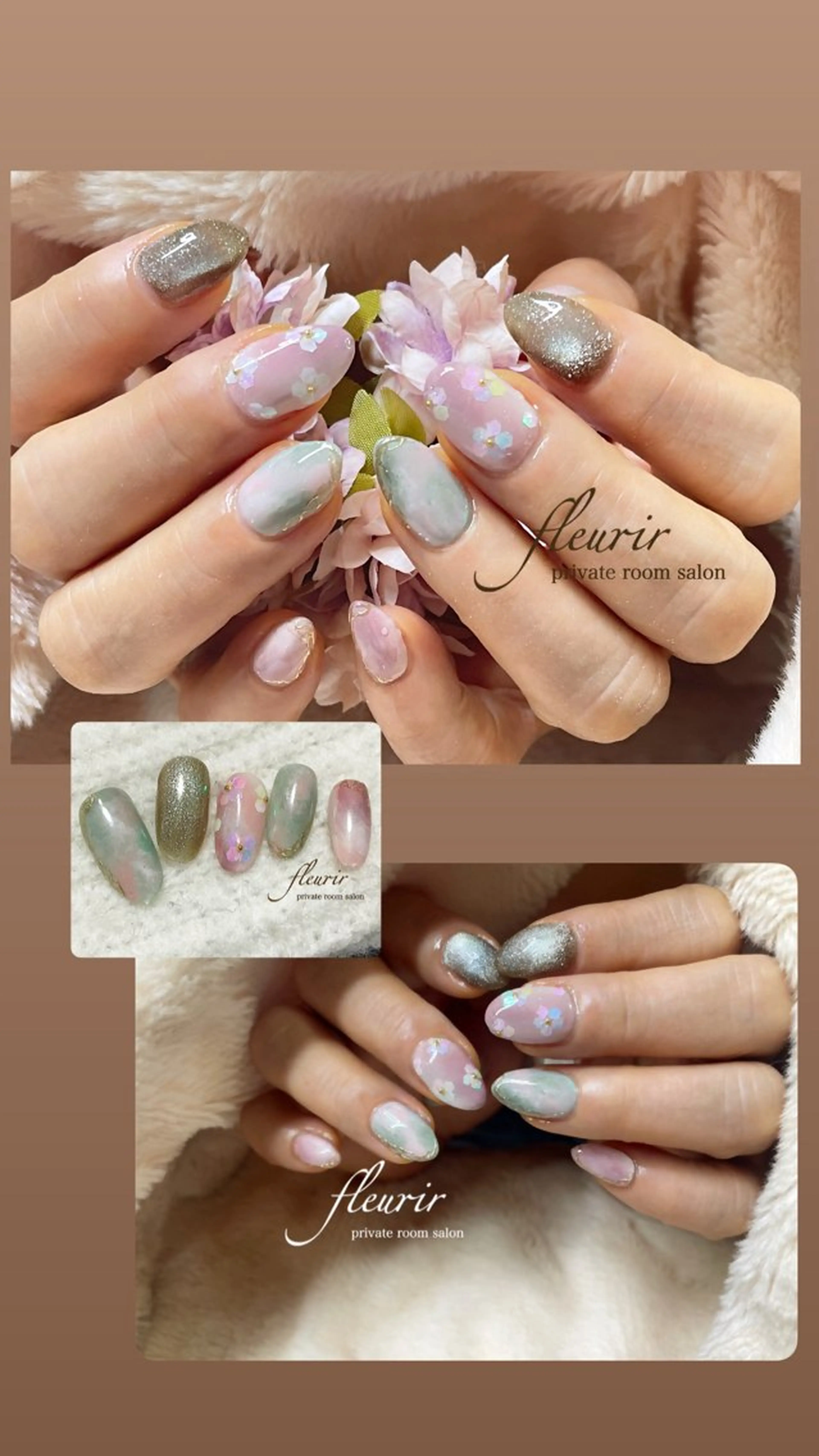 ネイル グリーン マグネットネイル ハンドネイル フルリール 【プライベートサロンのネイルデザイン