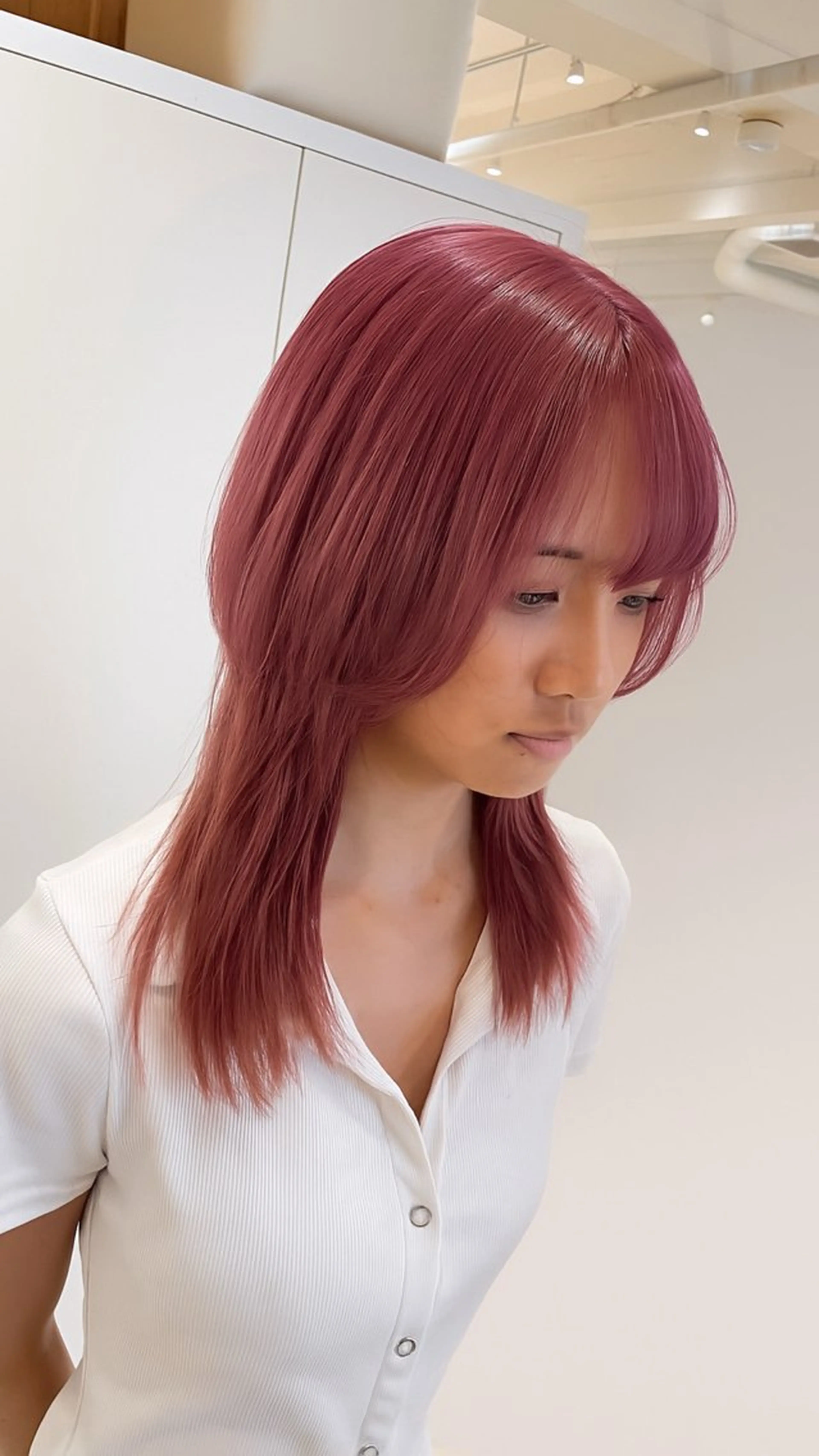 ミディアム カラー ピンクカラー レイヤーカット ウルフカット ウルフレイヤー カット ヘアカラー トリートメント ❁⃘ ち だ り さ ❁⃘のヘアスタイル