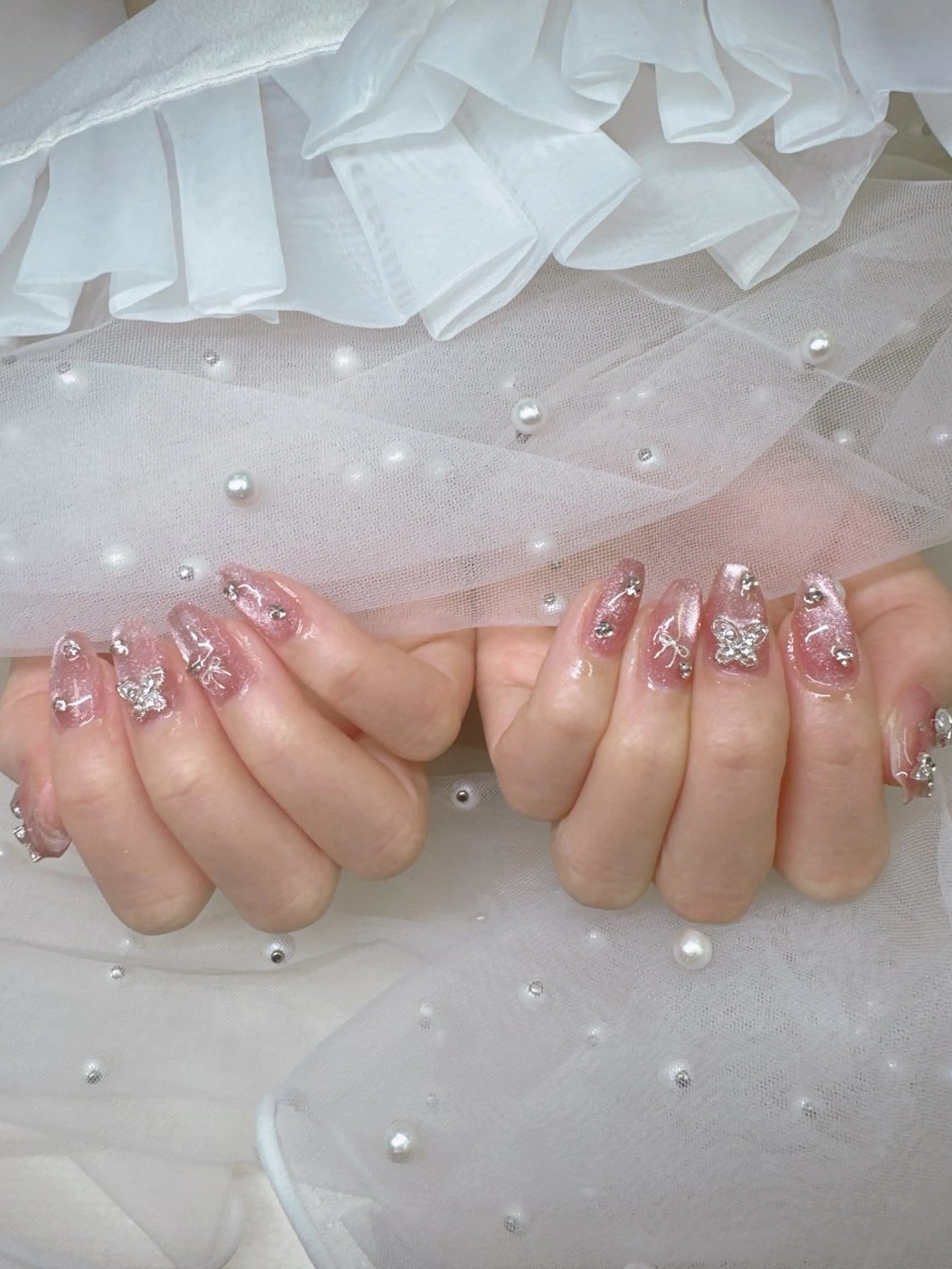 ネイル フレンチネイル ジェルネイル ガラスフレンチ キラキラネイル ロングネイル Queeens nailのネイルデザイン