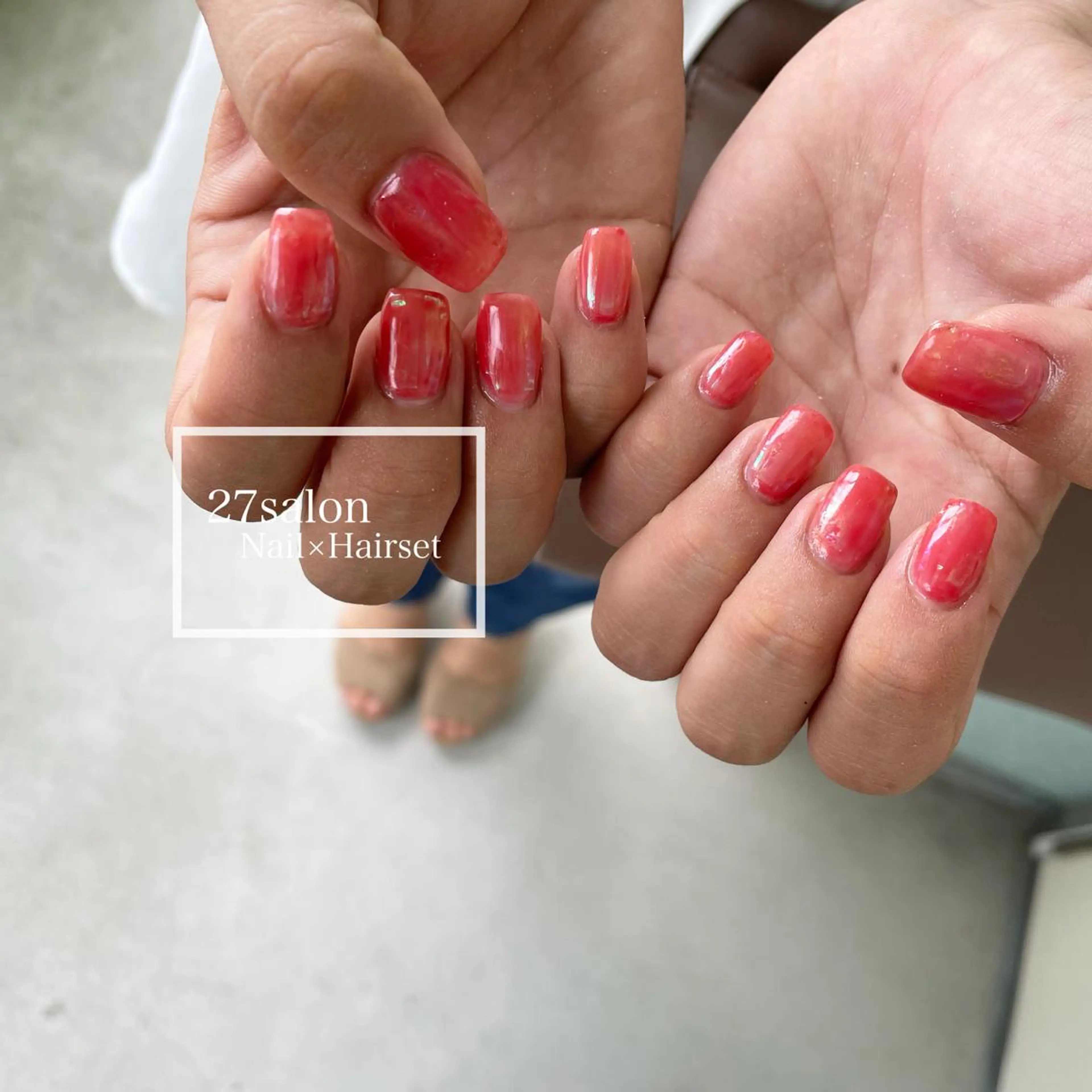 ネイル オーロラネイル クリアネイル 赤色 27salon yuinaのネイルデザイン