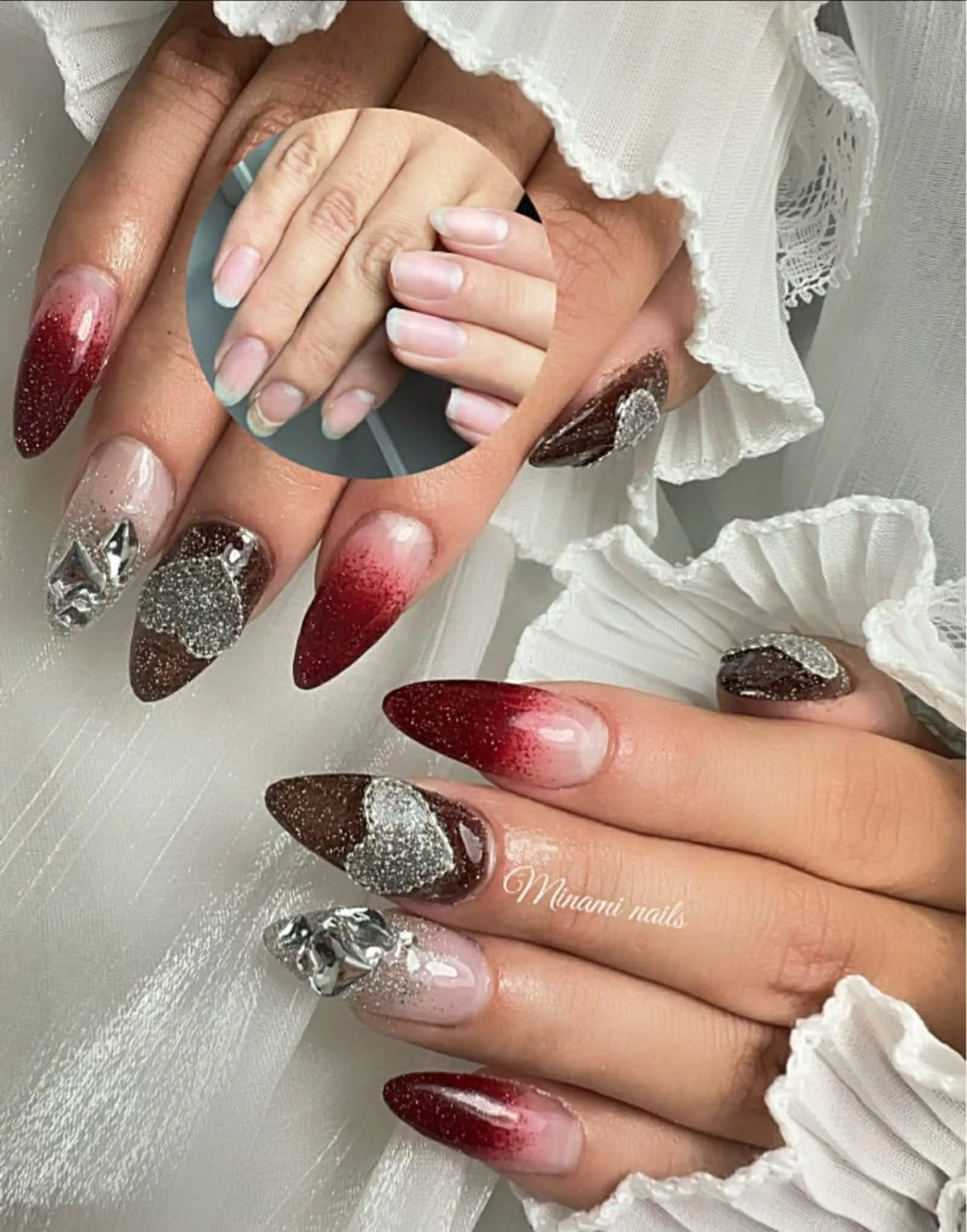 ネイル ハート 赤色 シルバー ストーンネイル Minami Nailsのネイルデザイン