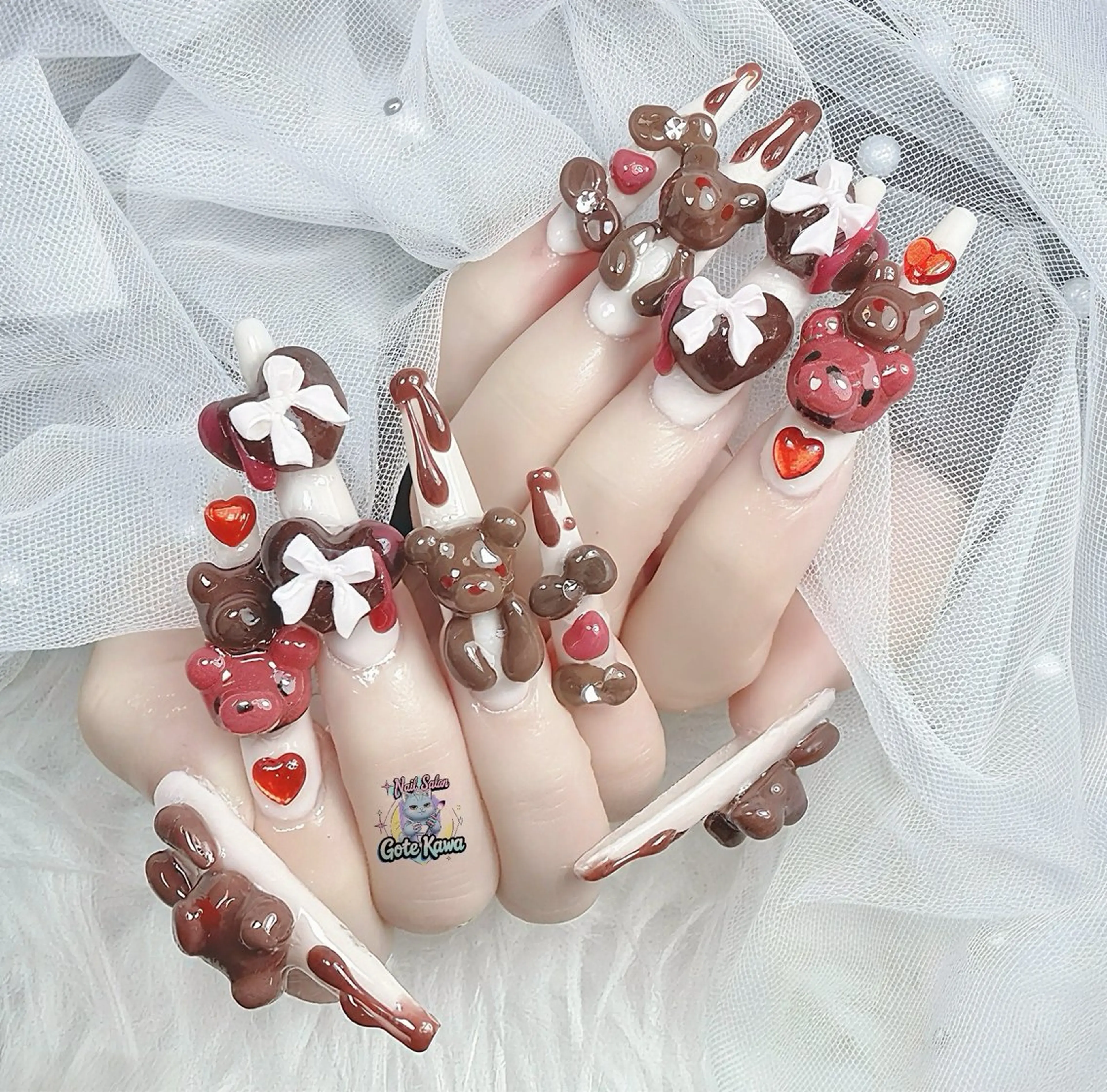 ネイル ハート 持ち込み リボン ハンドネイル ハンドケア Gote Kawa nail salonのネイルデザイン
