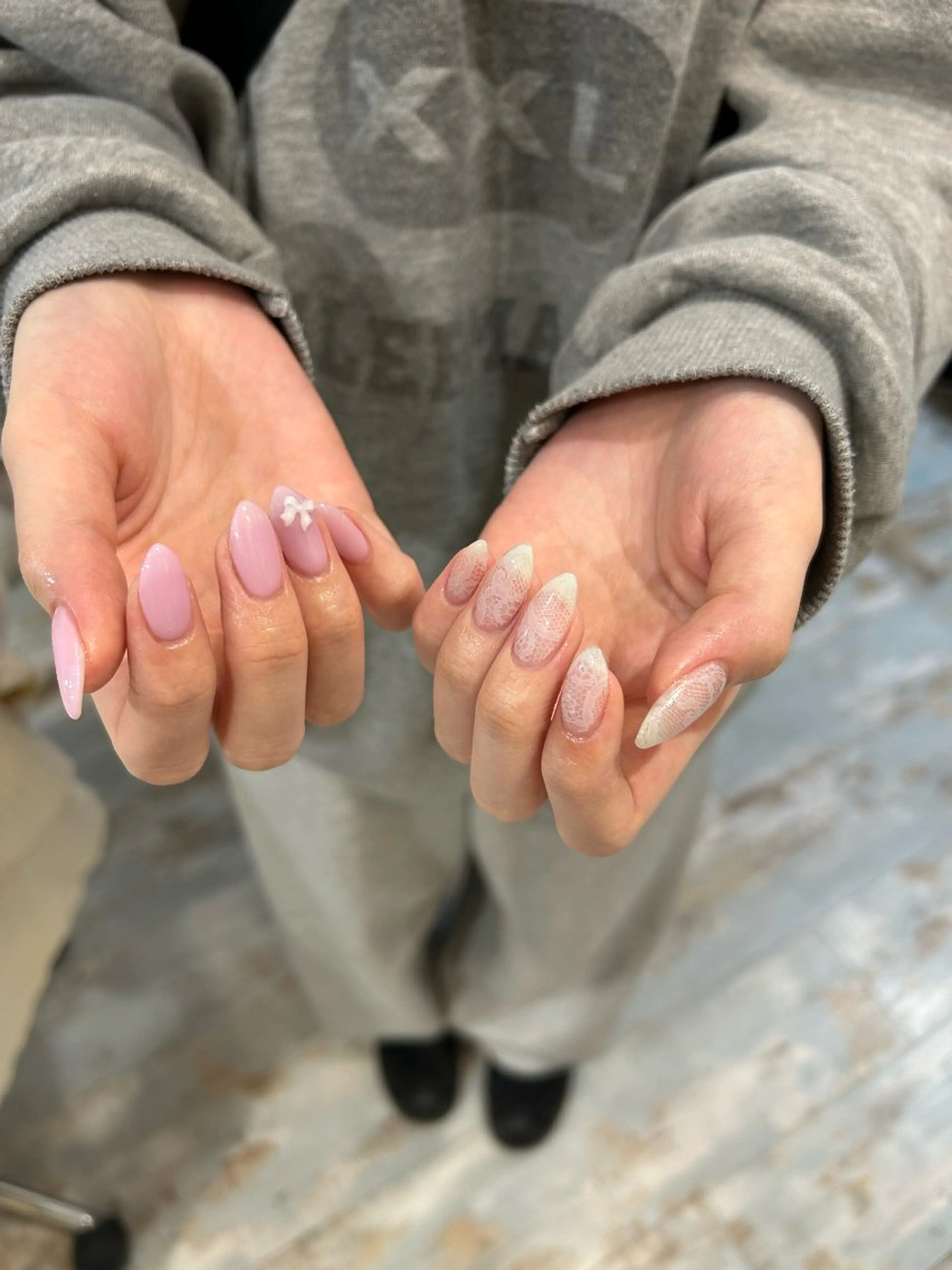 ネイル レース オフィスネイル ピンク リボン シンプルネイル ハンドネイル Lily nailのネイルデザイン