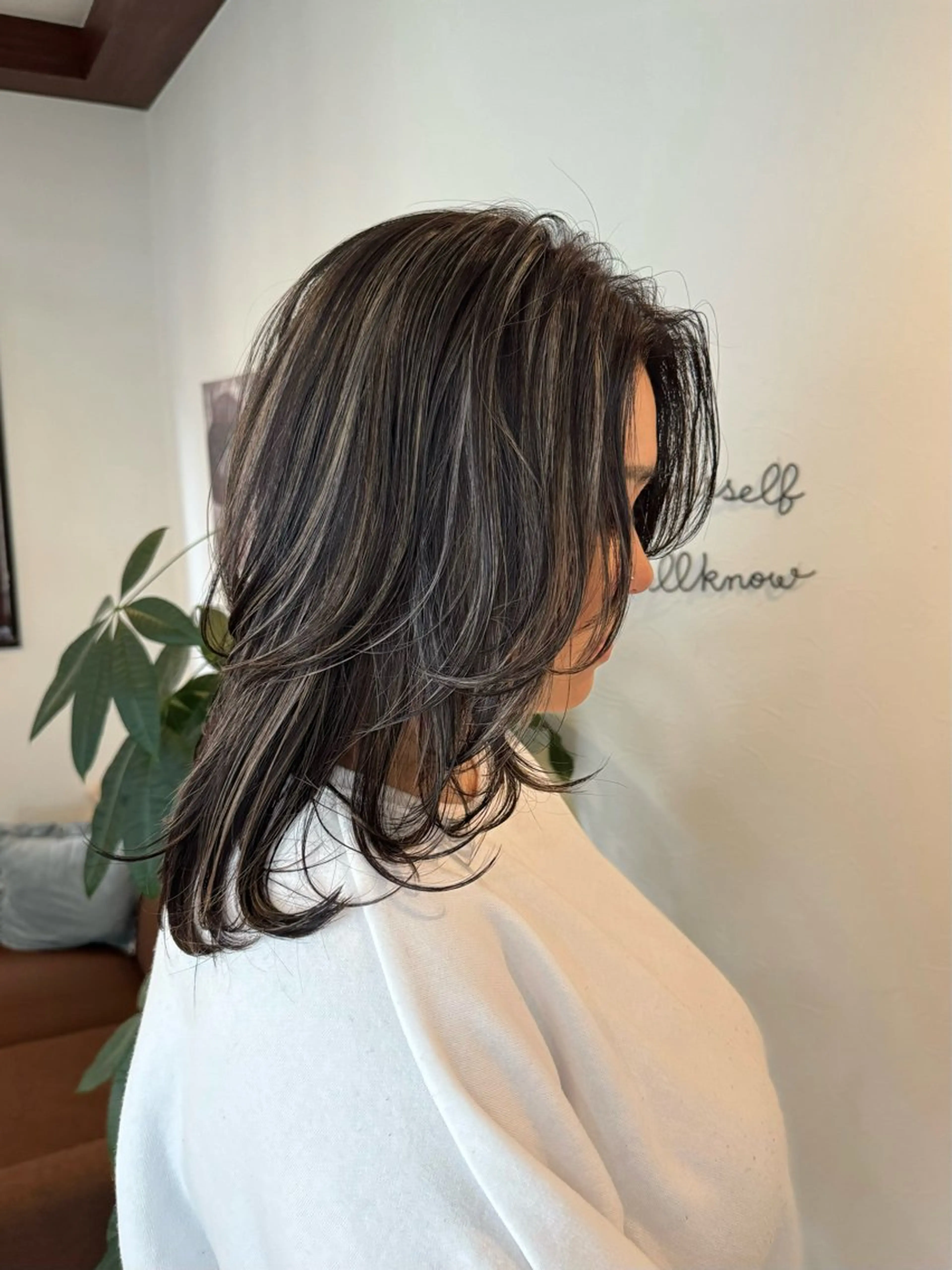 ミディアム カラー ハイライトカラー シルバー ハイライト レイヤーカット カット ヘアカラー トリートメント 透明感/ハイライト 🌺MOMOKAのヘアスタイル