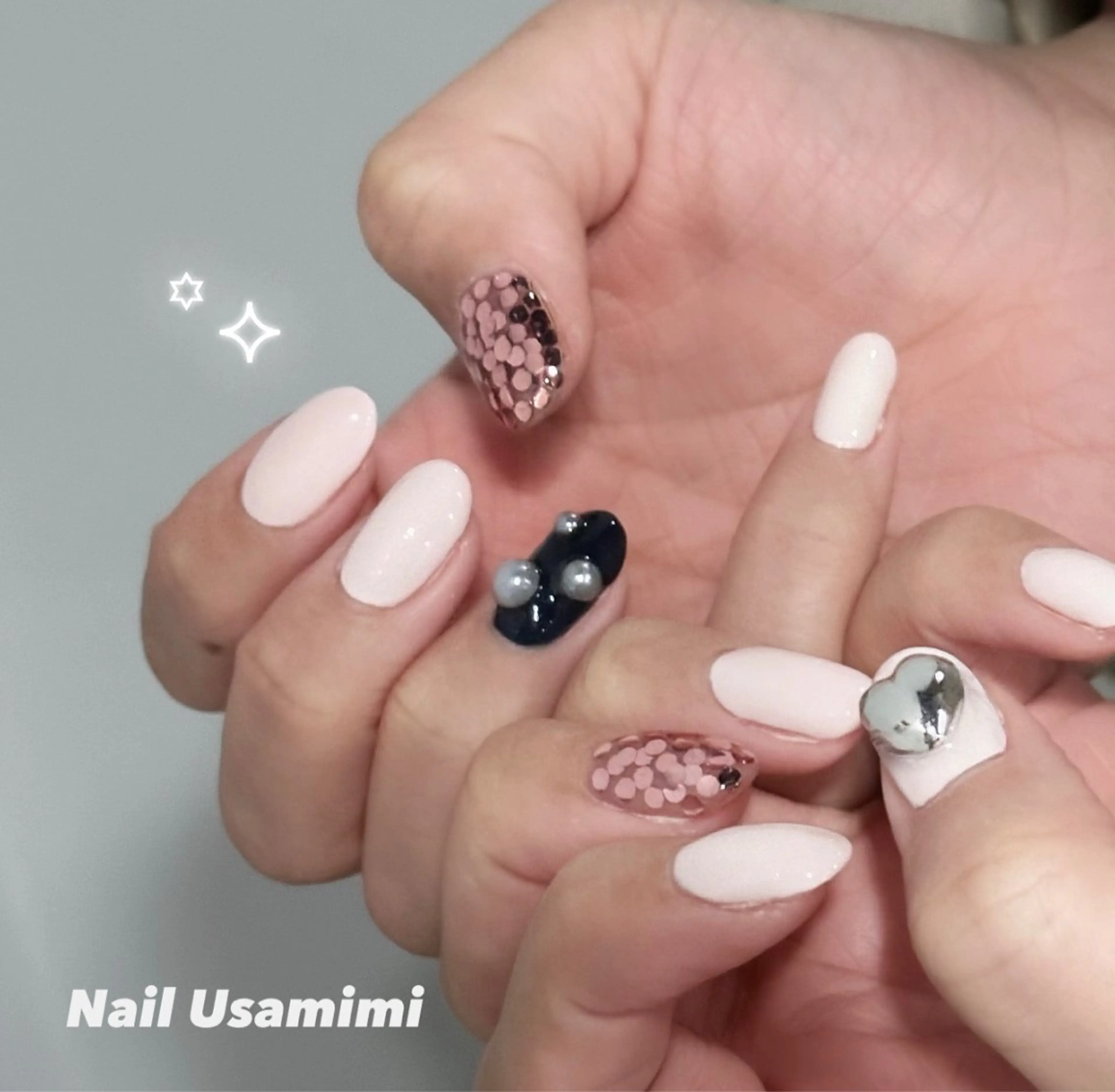 ネイル ホログラムネイル 韓国ネイル ピンク ハンドネイル 本町NailUsaM imi MOMOKAのネイルデザイン